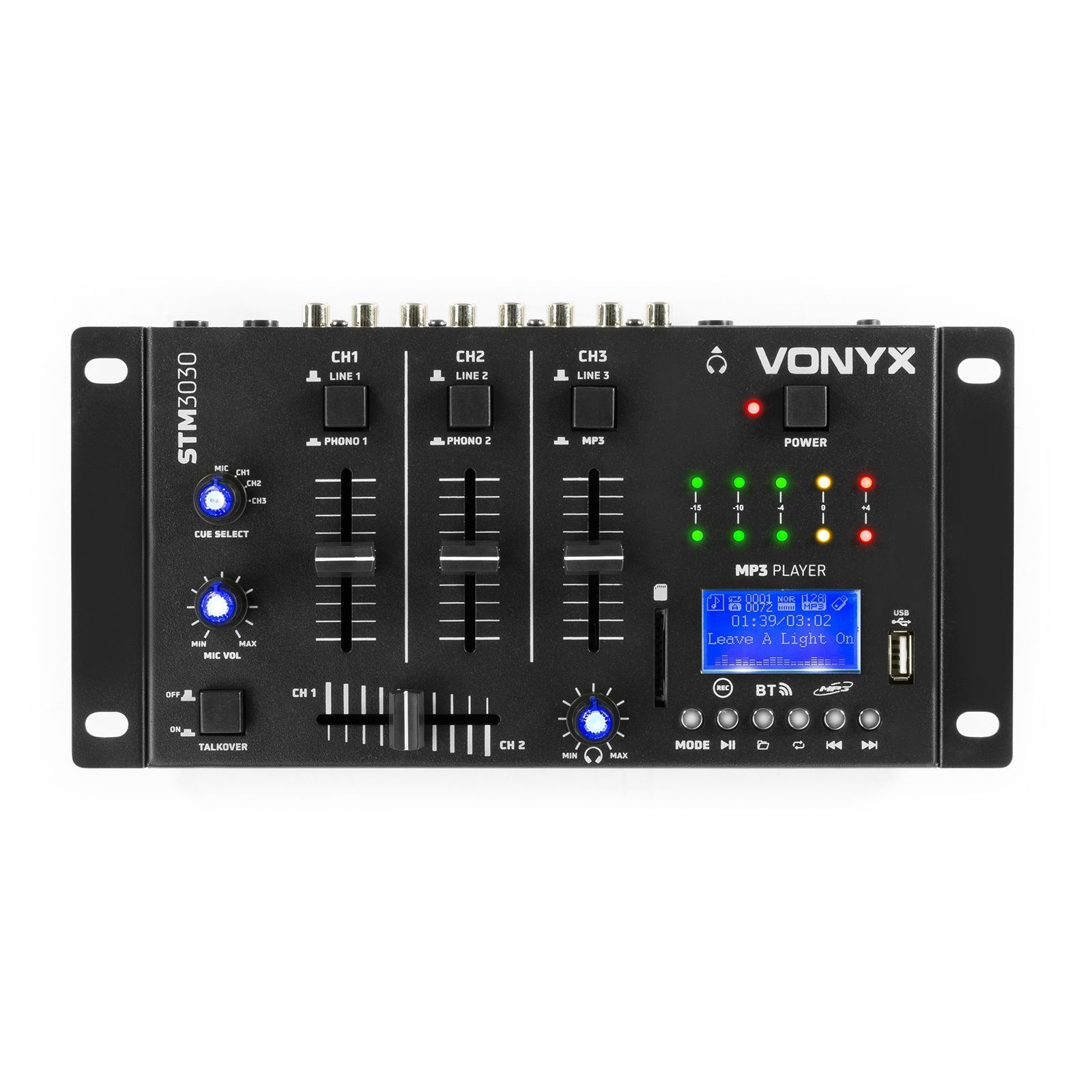 Mezclador de audio negro con botones, deslizadores y una pantalla azul. Tiene la marca Vonyx. El mezclador está sobre un fondo blanco.