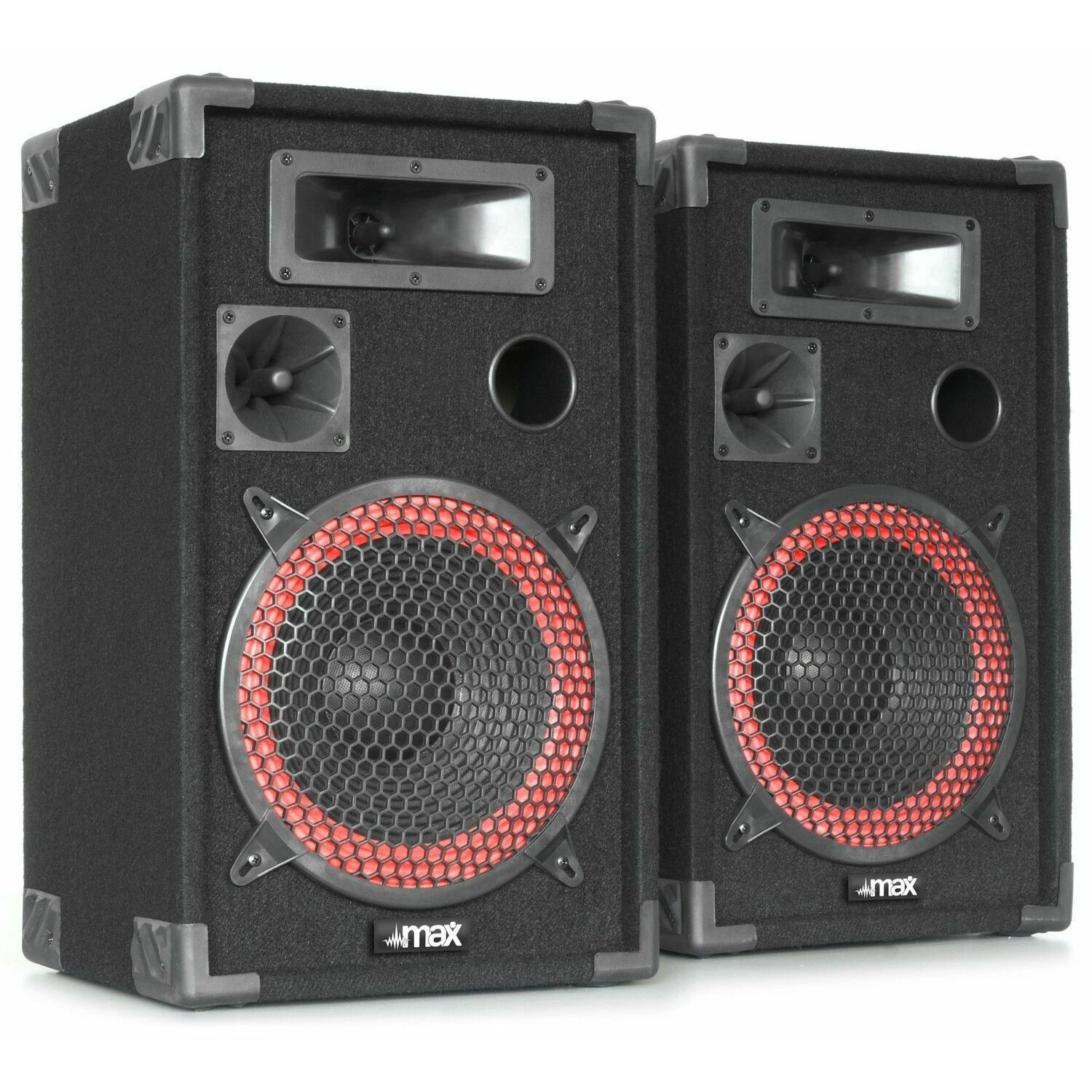 Dos altavoces negros. Cada uno tiene un altavoz con anillo rojo, altavoces más pequeños y un logotipo max.