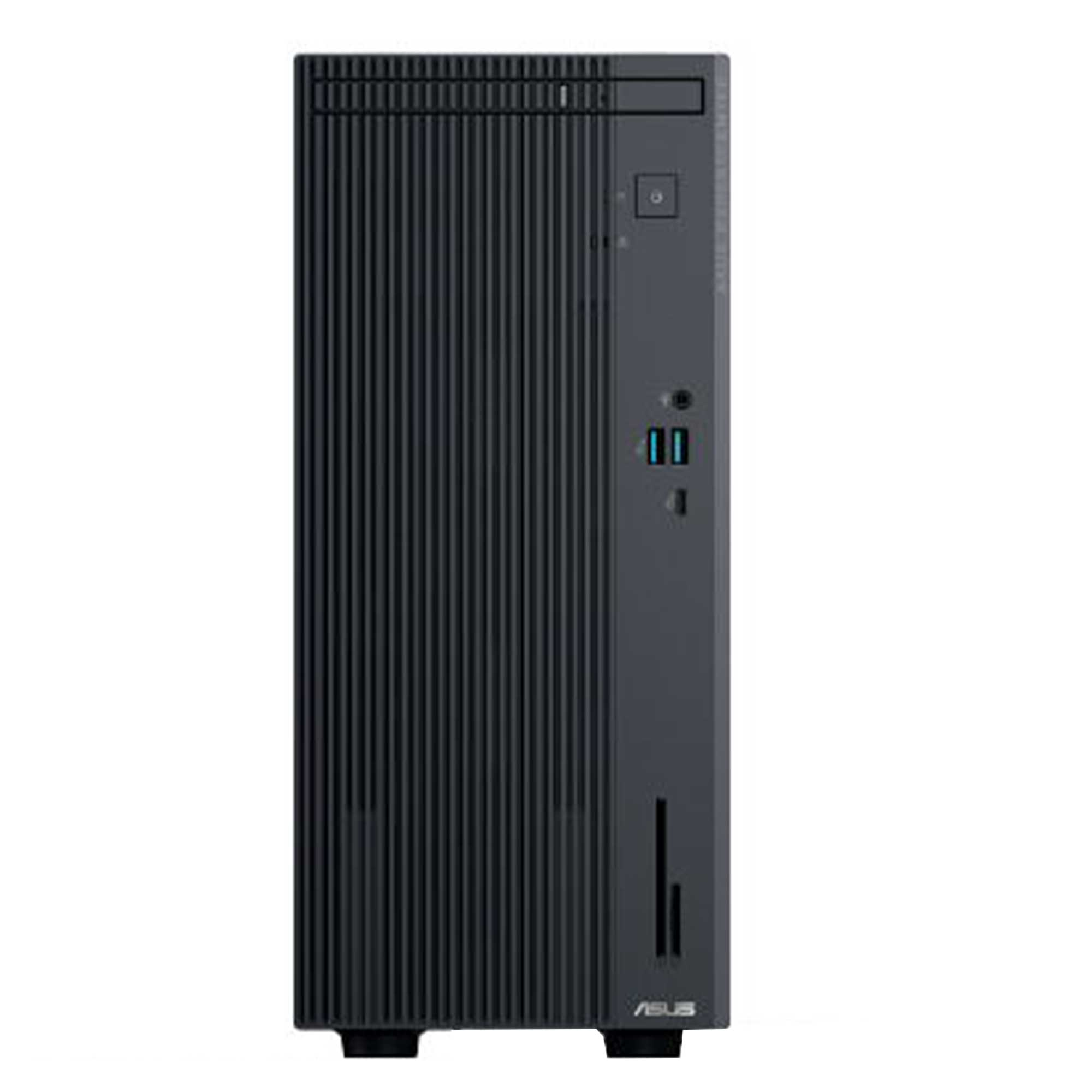 Dikey çıkıntılara sahip koyu gri bir bilgisayar kasası. Sağ tarafında düğmeler ve bağlantı noktaları ile bir ASUS logosu bulunur.