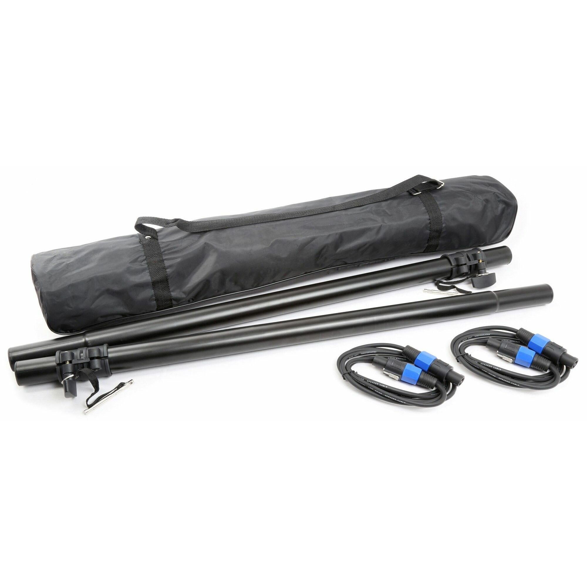 Un soporte negro con cables y una bolsa de transporte. El soporte está en partes y los cables tienen conectores azules y negros.