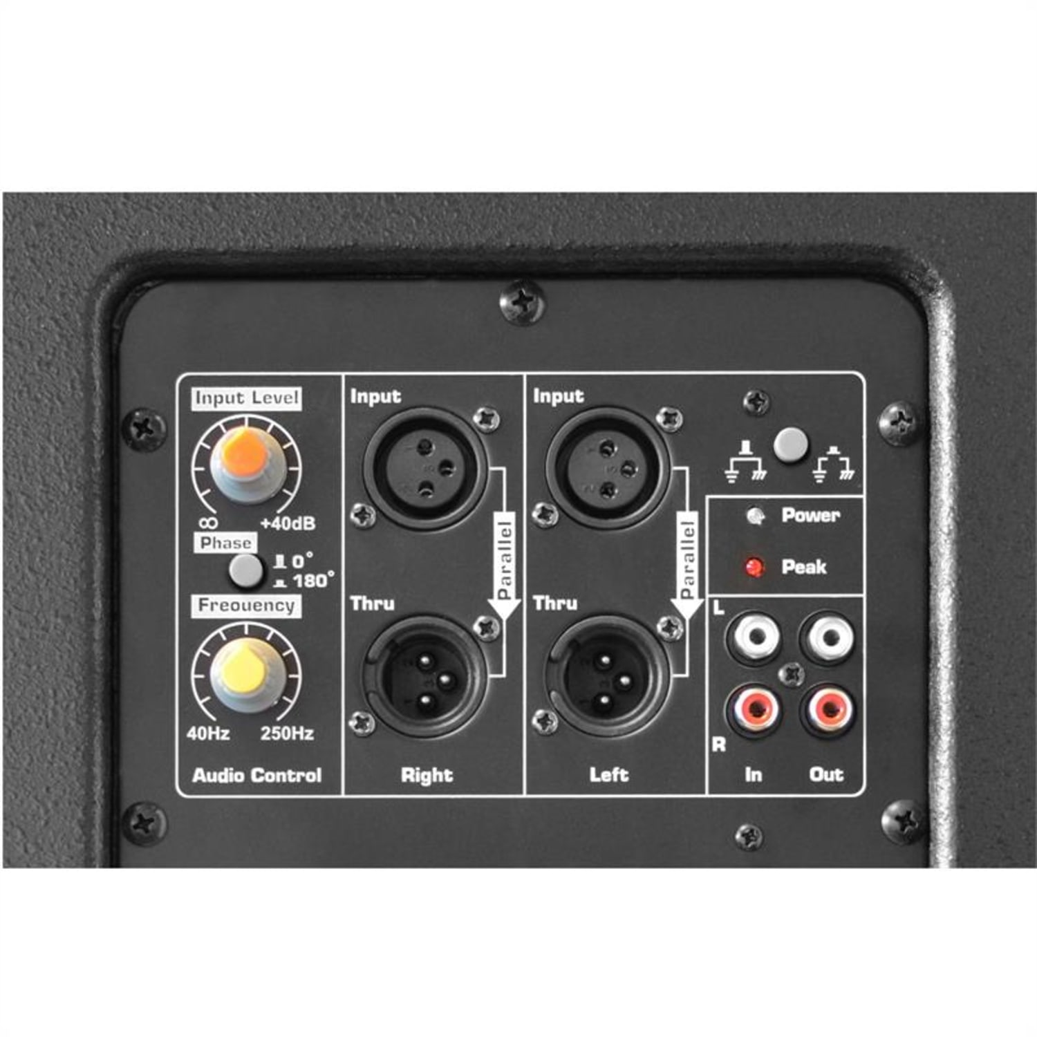 Primer plano de un panel de dispositivo de audio negro, con varios puertos de entrada y salida, perillas y indicadores.