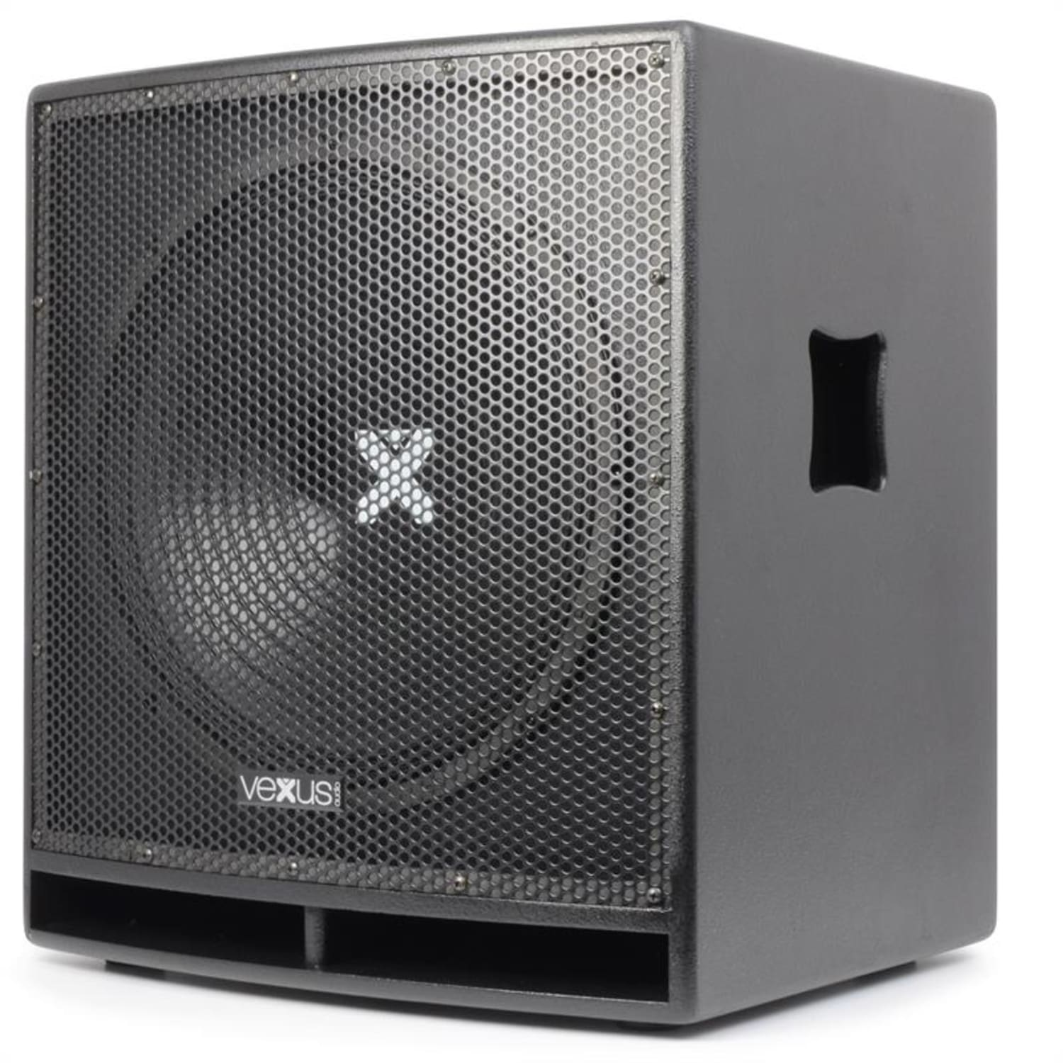 Un altavoz negro con una rejilla frontal. El altavoz tiene forma rectangular y un asa. La marca 'vexus' es visible en la parte inferior.