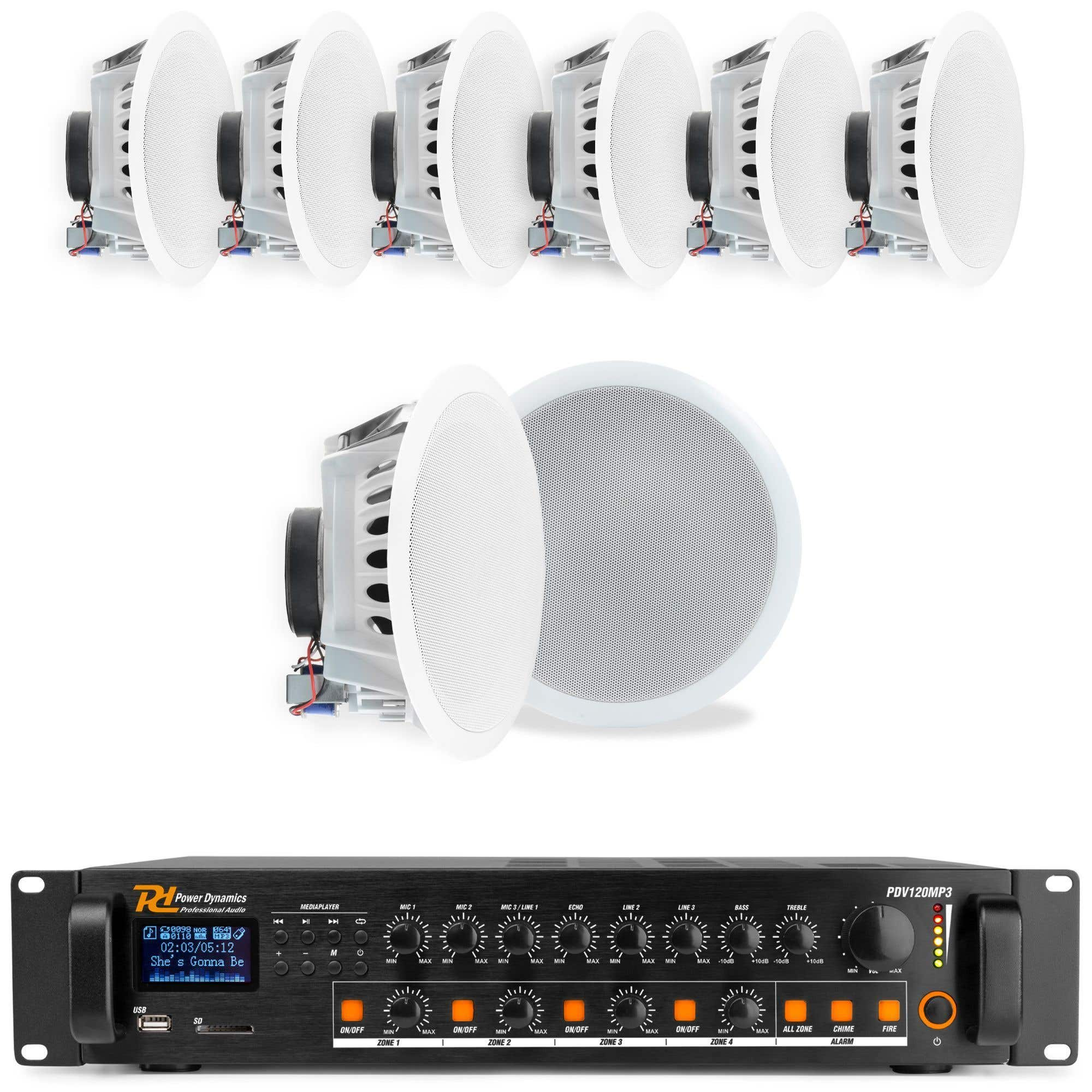 La imagen muestra altavoces de techo, una mesa de mezclas y un reproductor multimedia. Los altavoces son blancos, la mesa es negra.