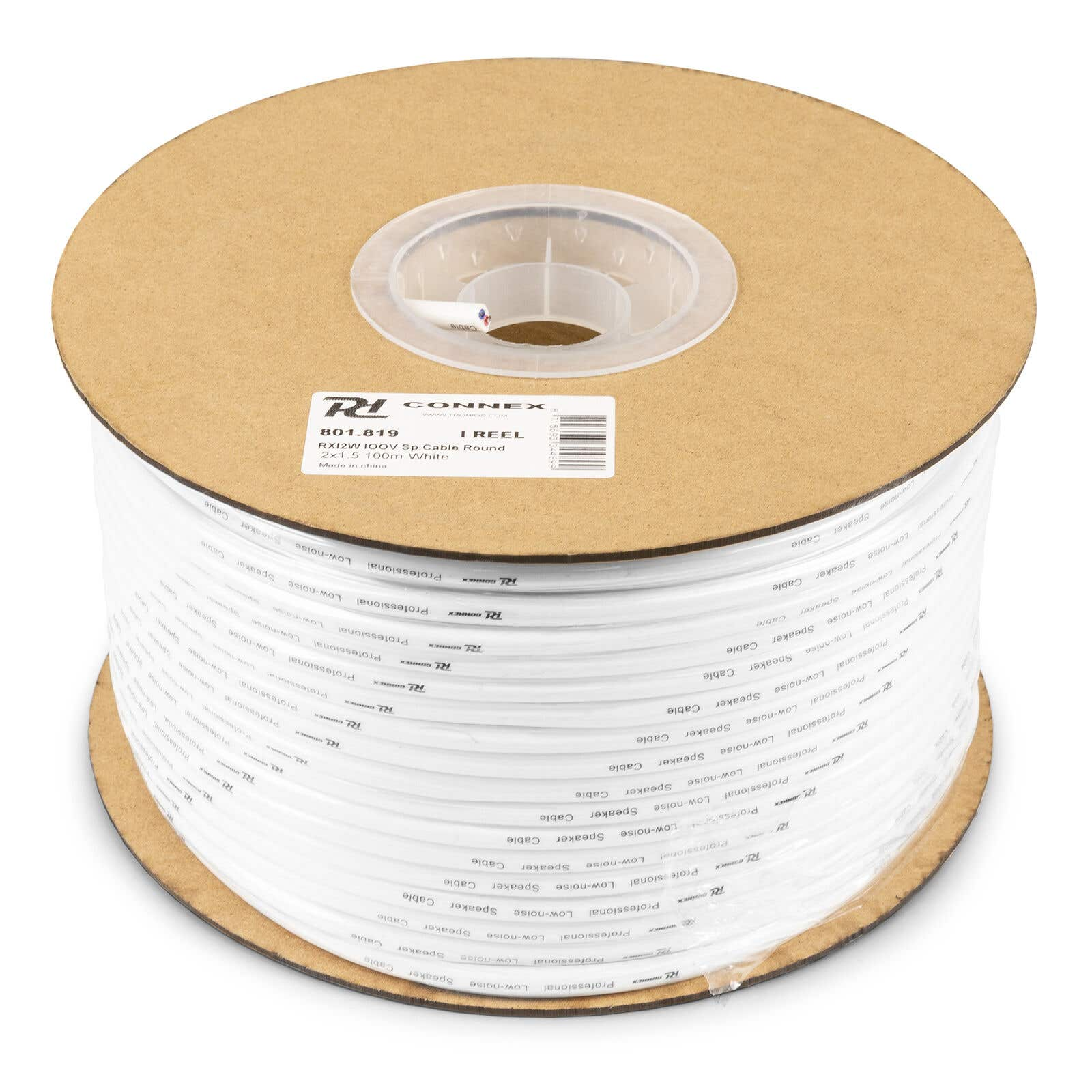 Un carrete grande de cable de altavoz blanco con etiquetas de texto, lados de cartón marrón y un centro de plástico transparente.