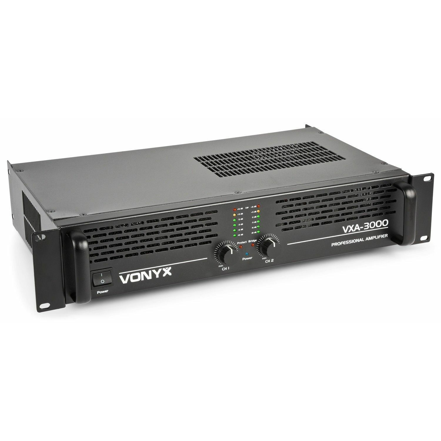 Un amplificador profesional Vonyx VXA-3000 negro. Tiene perillas, luces indicadoras y un botón de encendido. El panel frontal dice 'VONYX'.