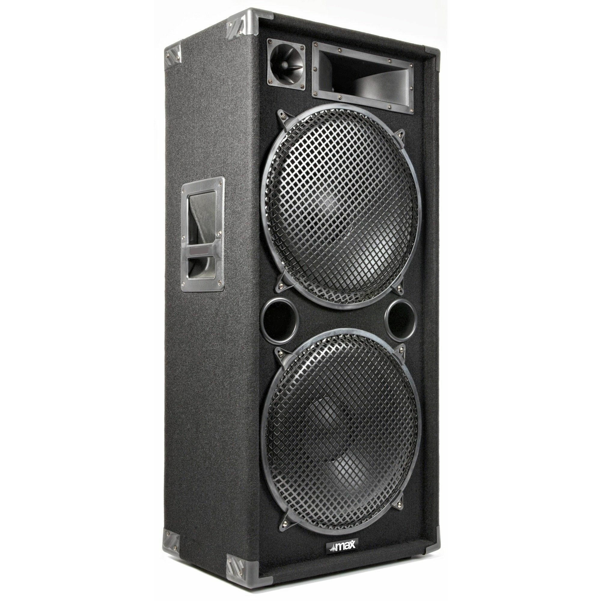 Un gran altavoz negro con dos rejillas, un asa y un logotipo sobre un fondo blanco.