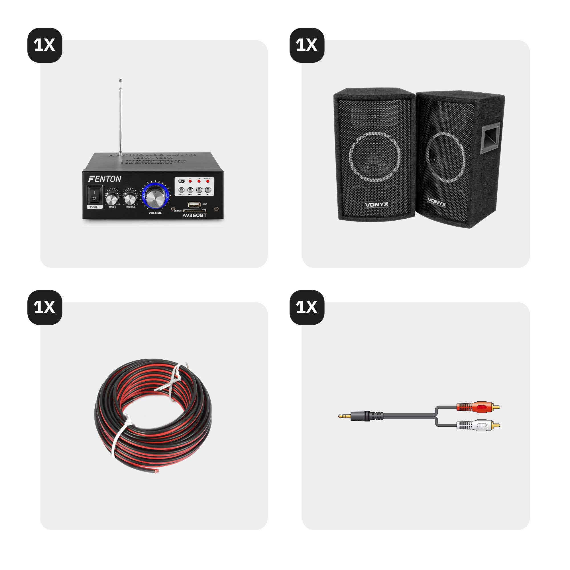 Un amplificador negro con perillas, un par de altavoces, un cable enrollado y un cable de audio.