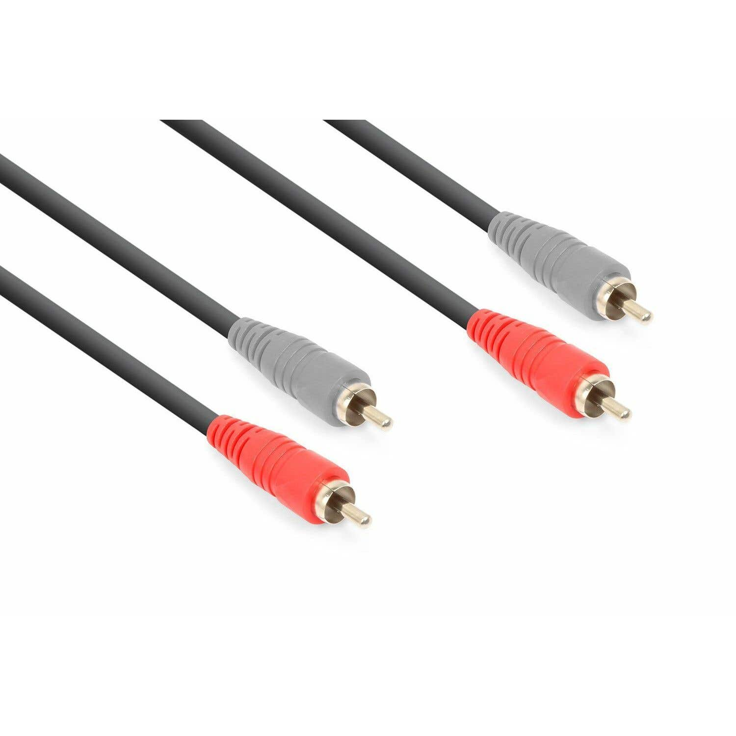 Cuatro cables de audio con cables negros y conectores rojos/grises sobre fondo blanco.