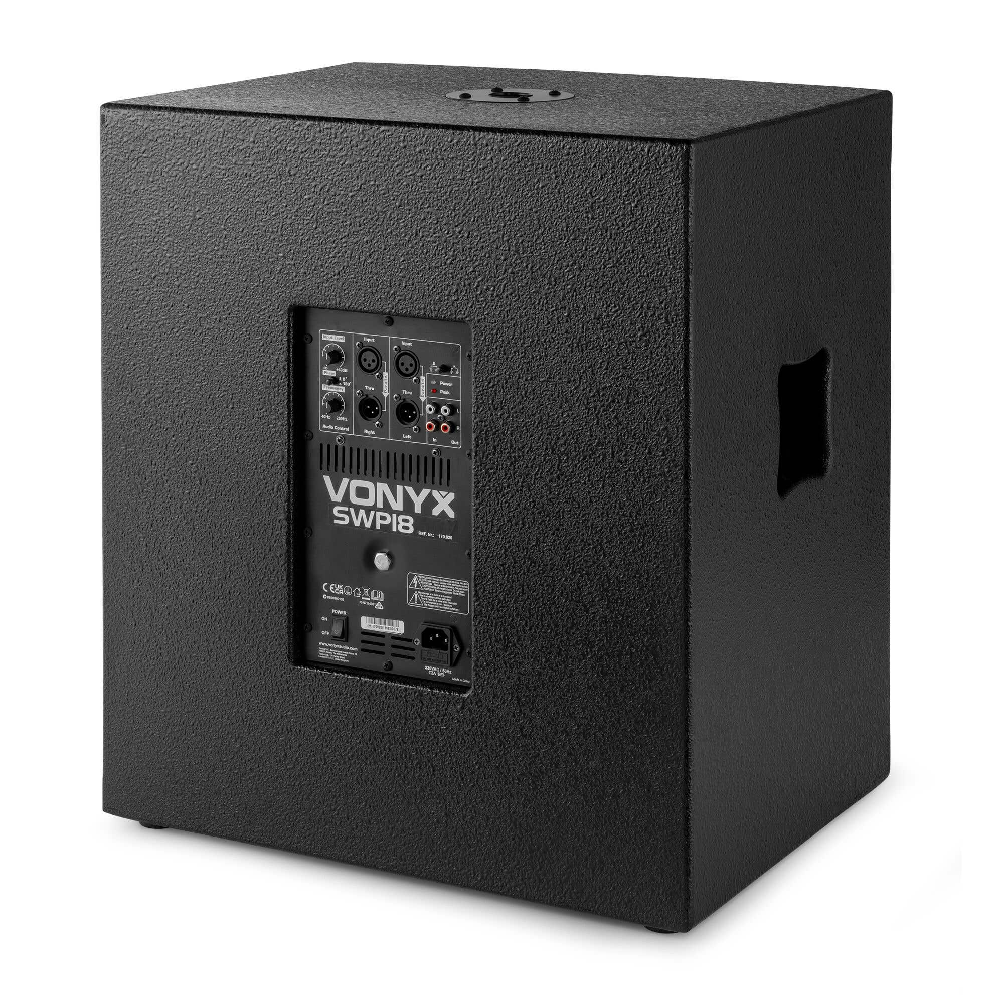 Subwoofer negro Vonyx SWP18. Cuenta con panel de control con entradas y salidas. Tiene una superficie texturizada y asa lateral.