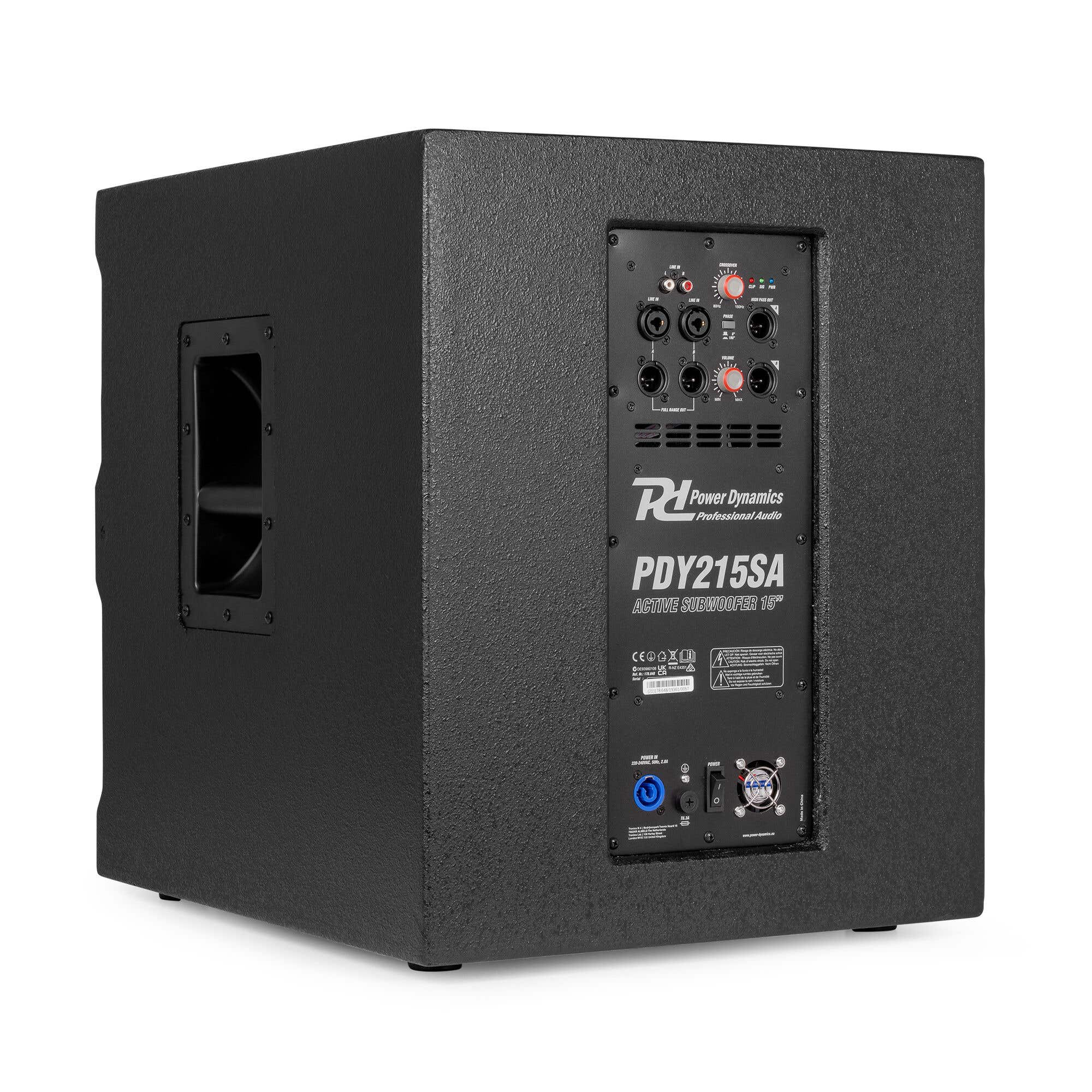 Subwoofer negro con controles y entradas en el panel trasero. Logo de la marca y detalles del modelo visibles.