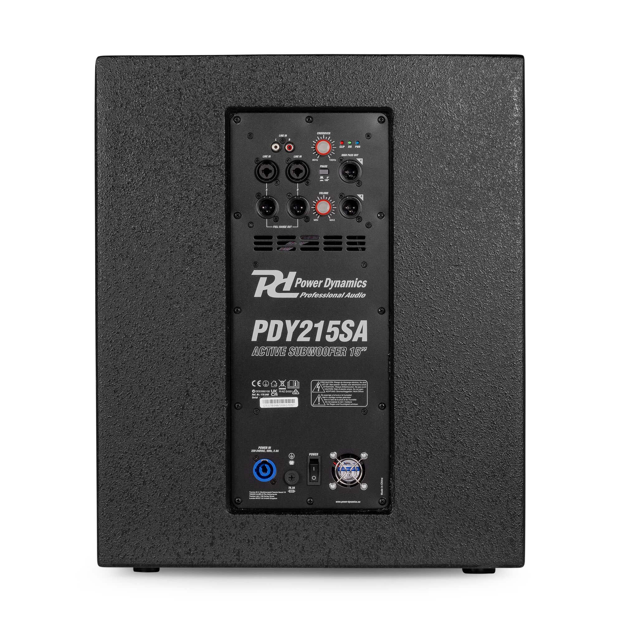 Subwoofer negro con panel de control. Tiene entradas, salidas, control de volumen e indicadores de encendido. Marca: Power Dynamics.