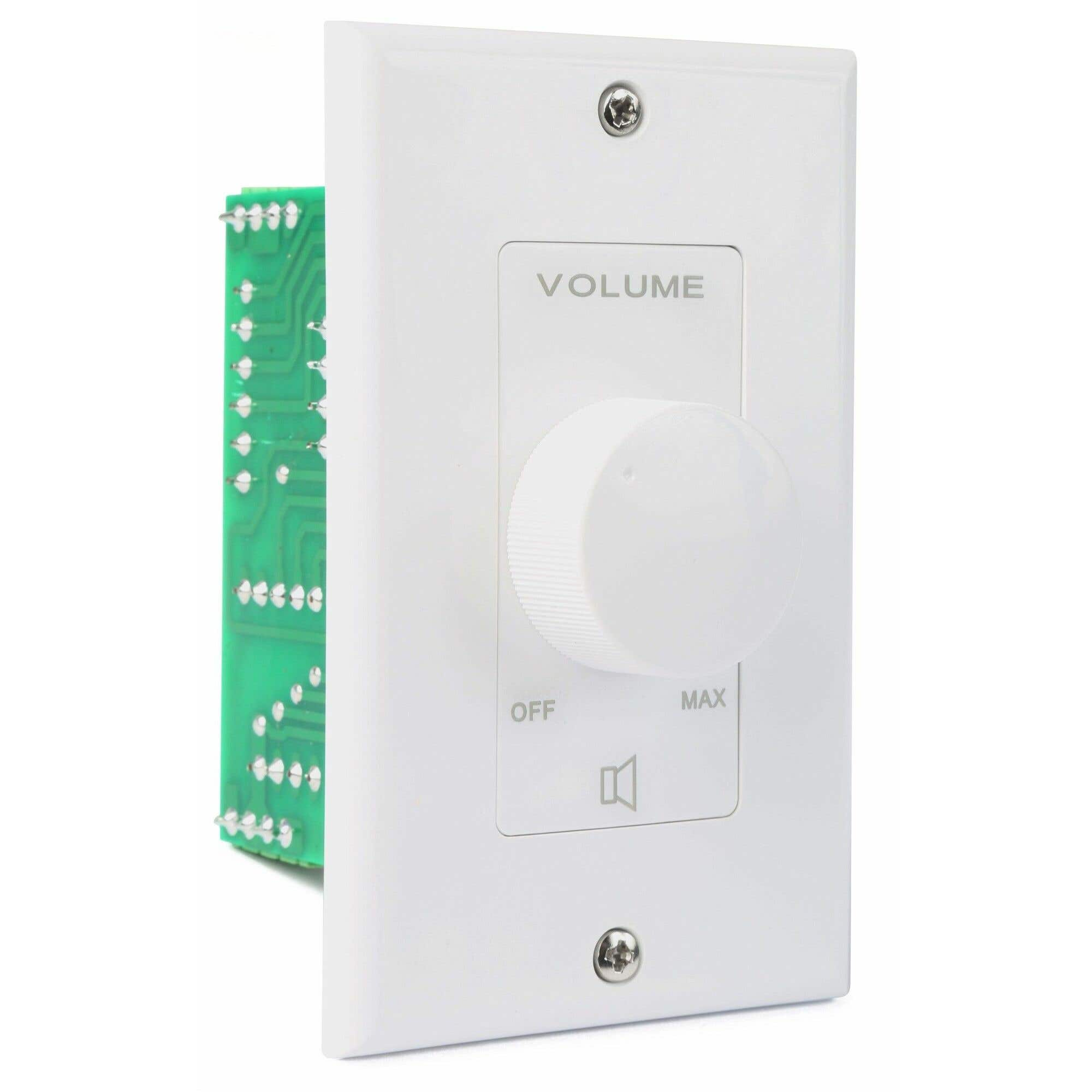 Un interruptor de control de volumen blanco con perilla, etiquetado 'VOLUME', 'OFF' y 'MAX'. Una placa de circuito verde es visible.
