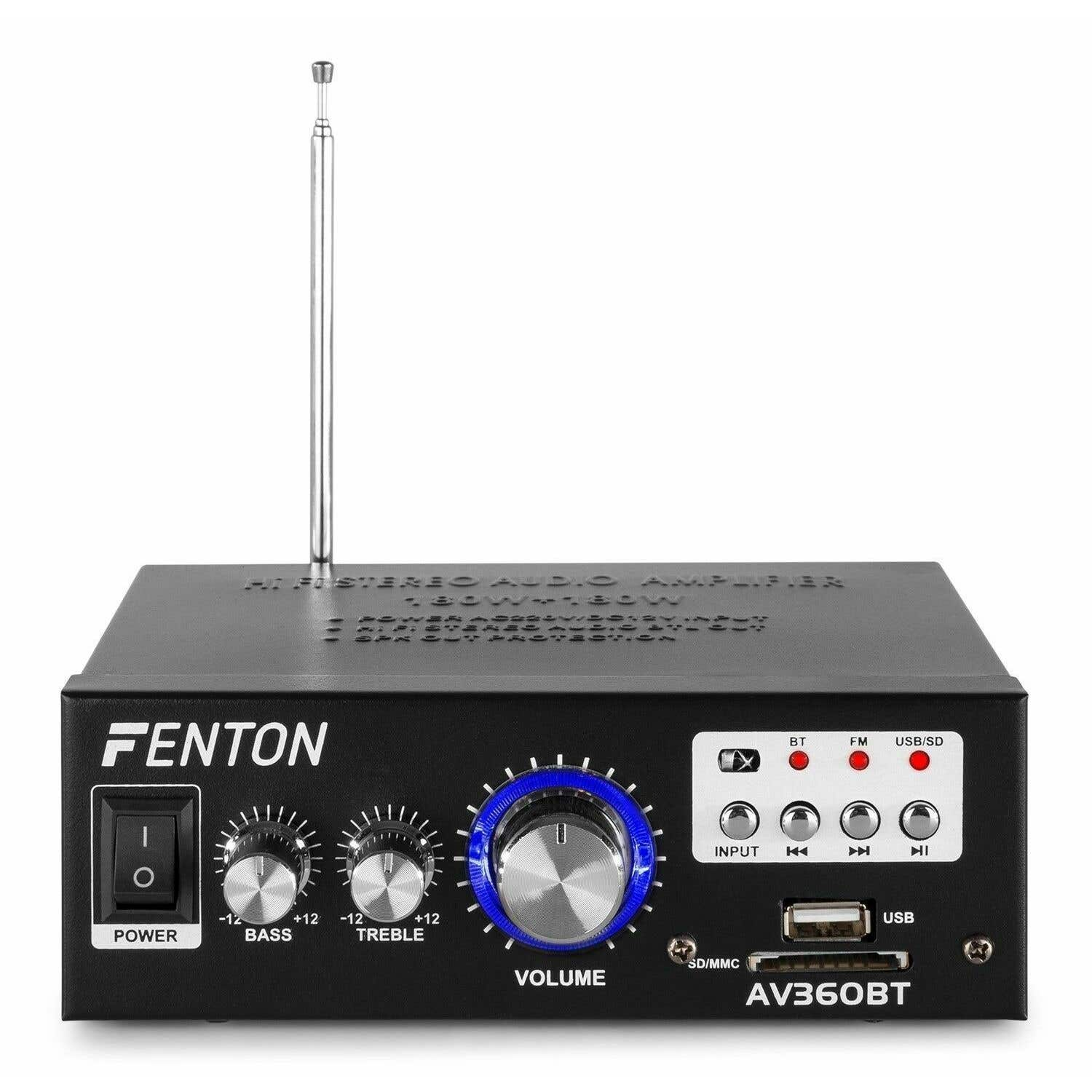 Un amplificador negro Fenton AV360BT con controles de volumen, graves y agudos, puerto USB y antena.