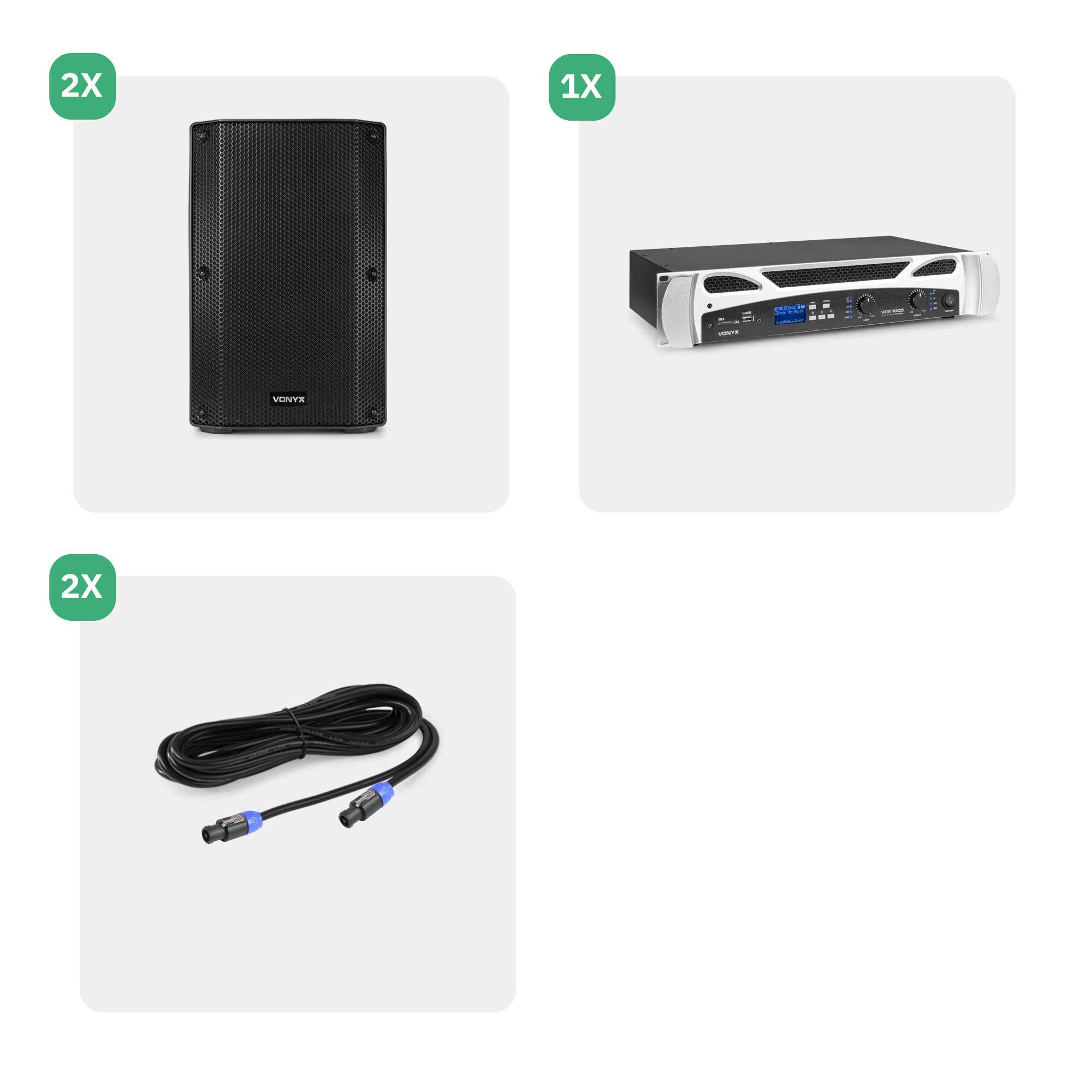 La imagen muestra un altavoz negro, un amplificador y un cable negro con conectores azules, todo sobre fondo blanco.