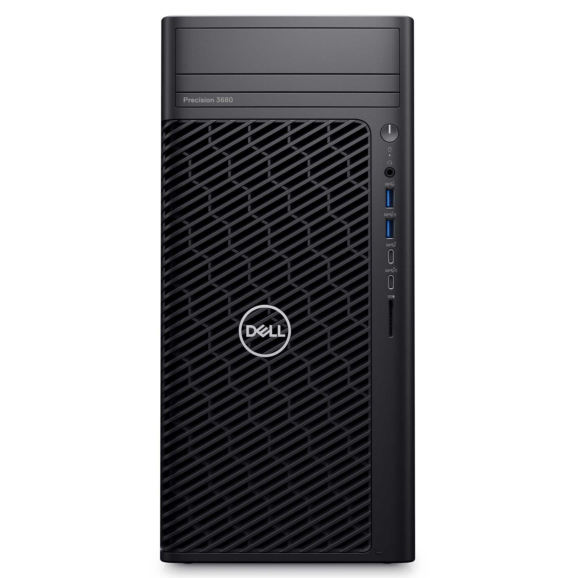 Siyah bir Dell Precision 3680 masaüstü bilgisayar. Dell logosu ve ızgara tasarımına sahip bir ön panele sahiptir.