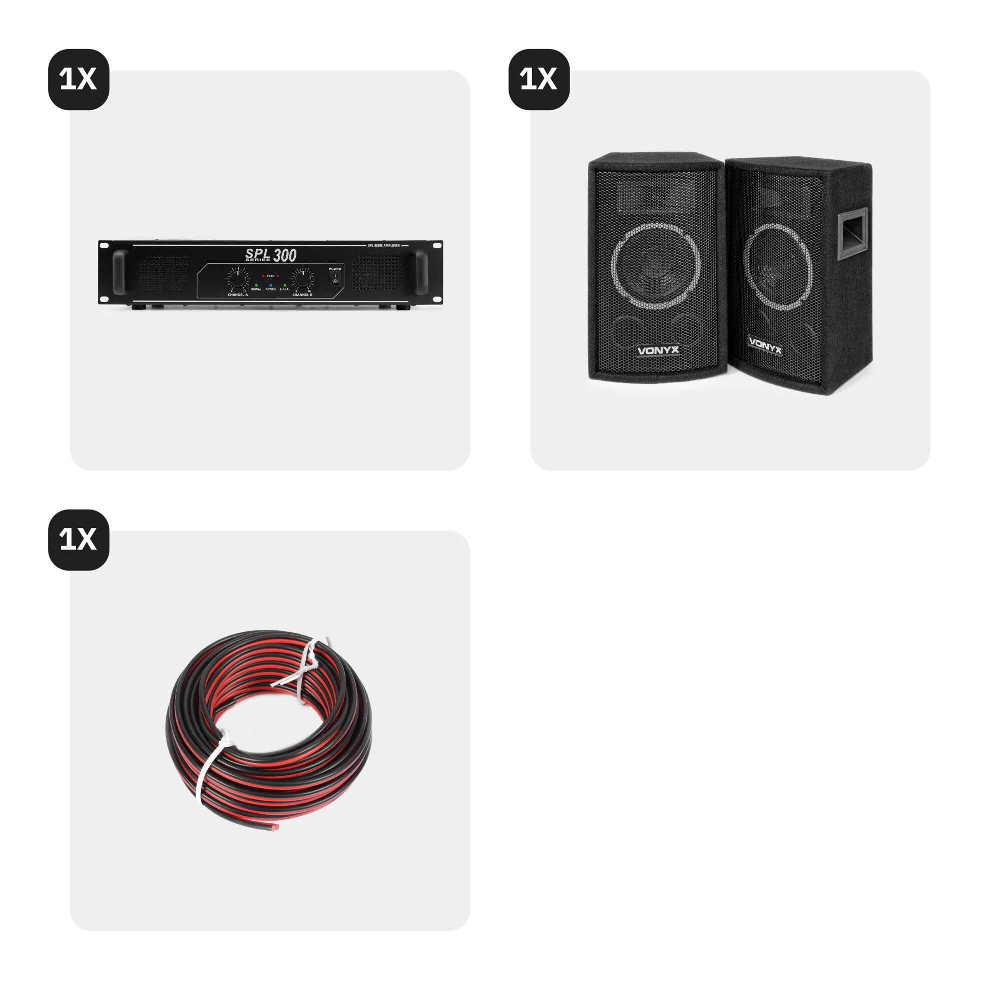 La imagen muestra un amplificador negro, dos altavoces y una bobina de cable rojo y negro. Están sobre un fondo blanco.