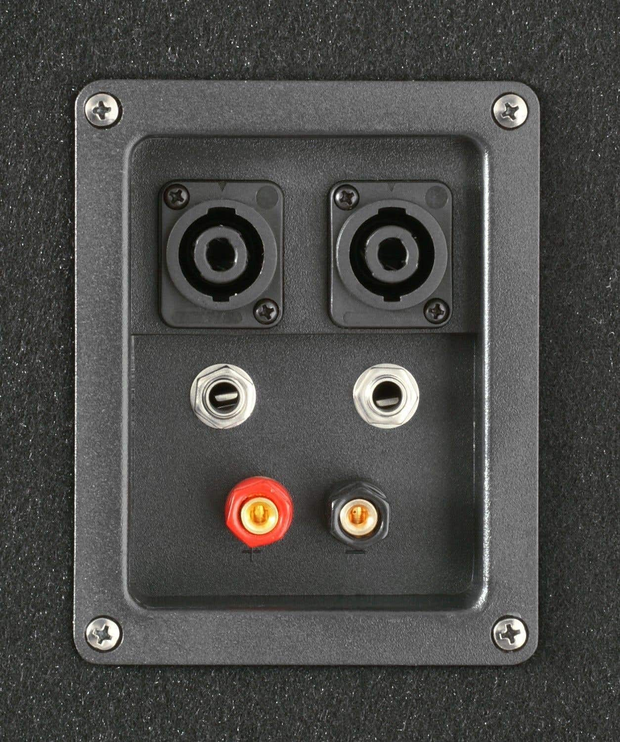Primer plano de un panel negro con varias entradas de conector. Incluye conectores XLR redondos y terminales de altavoz. Tornillos aseguran el panel.