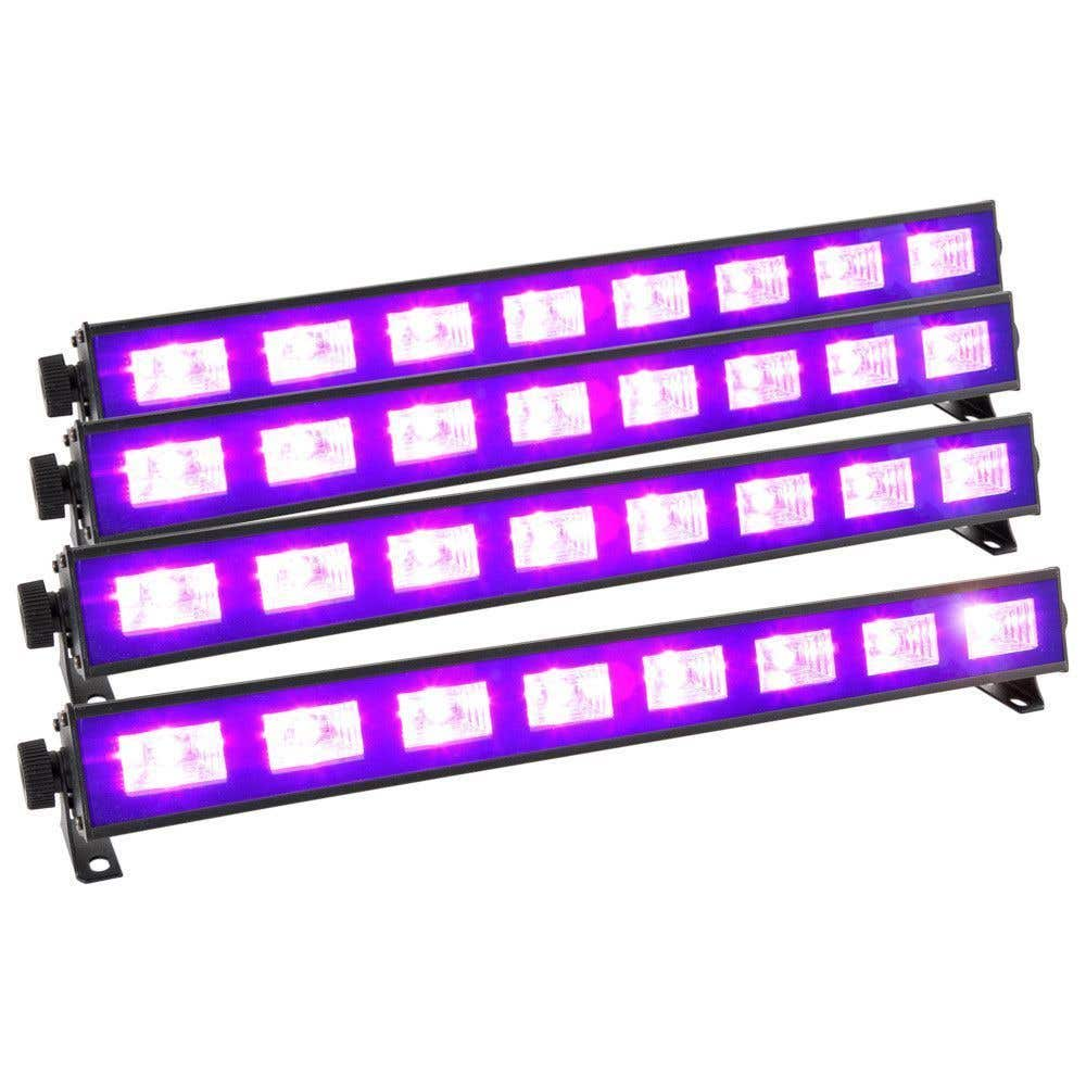 Cuatro barras de luz negra con luces moradas. Cada barra tiene varias luces cuadradas. Perillas negras en los lados.