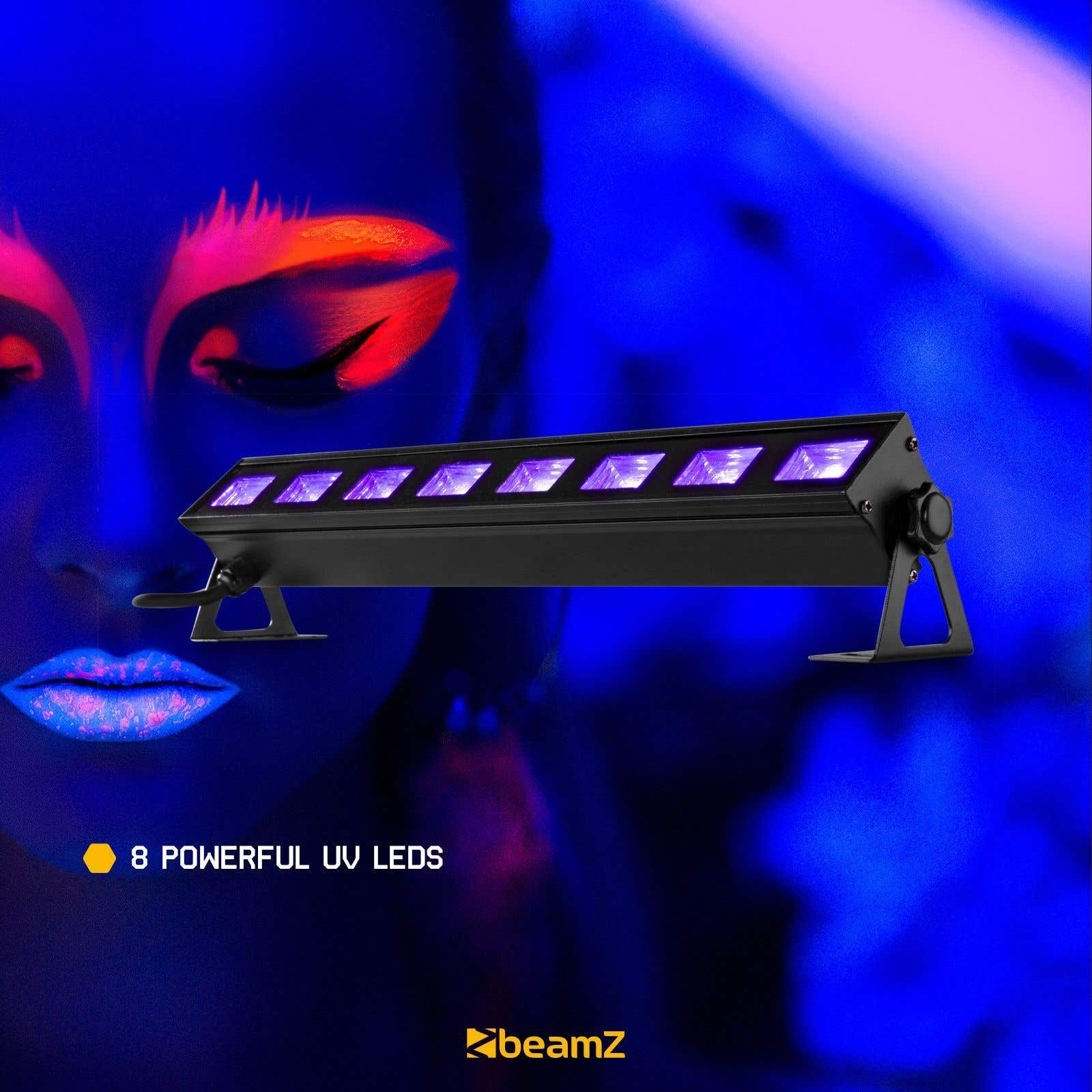 La imagen muestra un accesorio de luz UV negro con luces moradas, una cara con maquillaje UV y el logotipo de Beamz.
