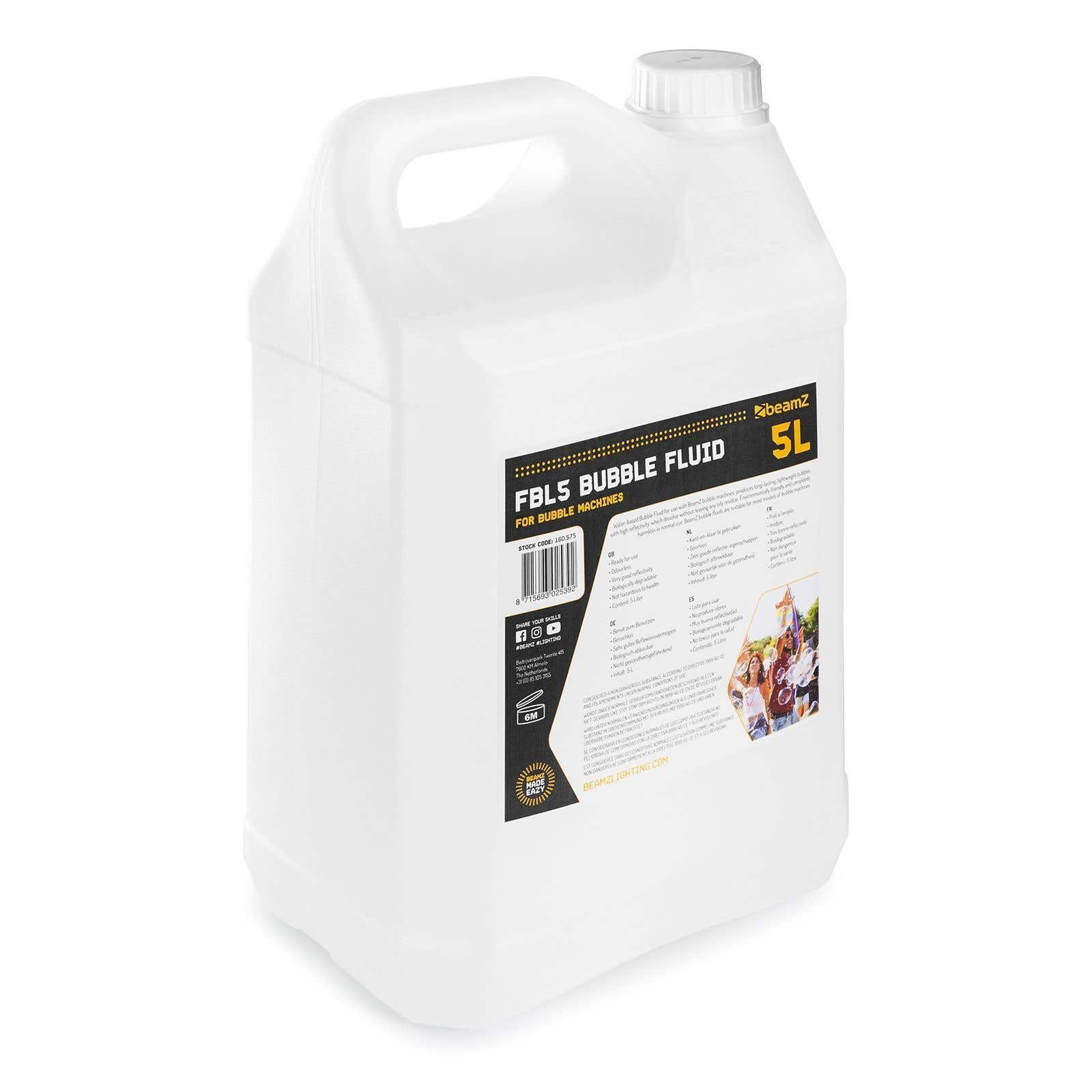 Un recipiente blanco de 5L de líquido de burbujas, etiquetado 'FBLS BUBBLE FLUID' para máquinas de burbujas.