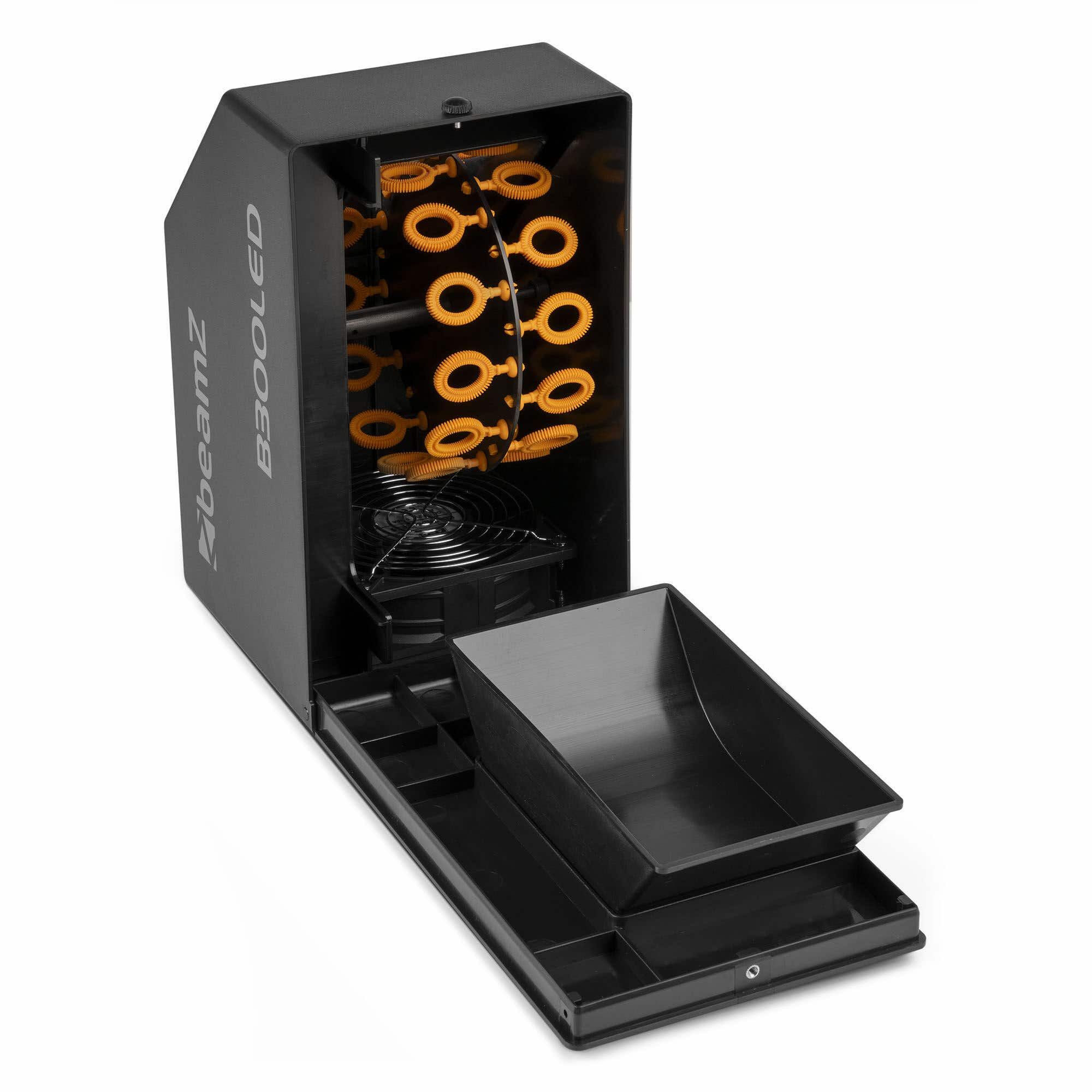 Máquina de burbujas negra con varillas naranjas. Bandeja abierta al frente. Visible la marca "beamZ B300LED".