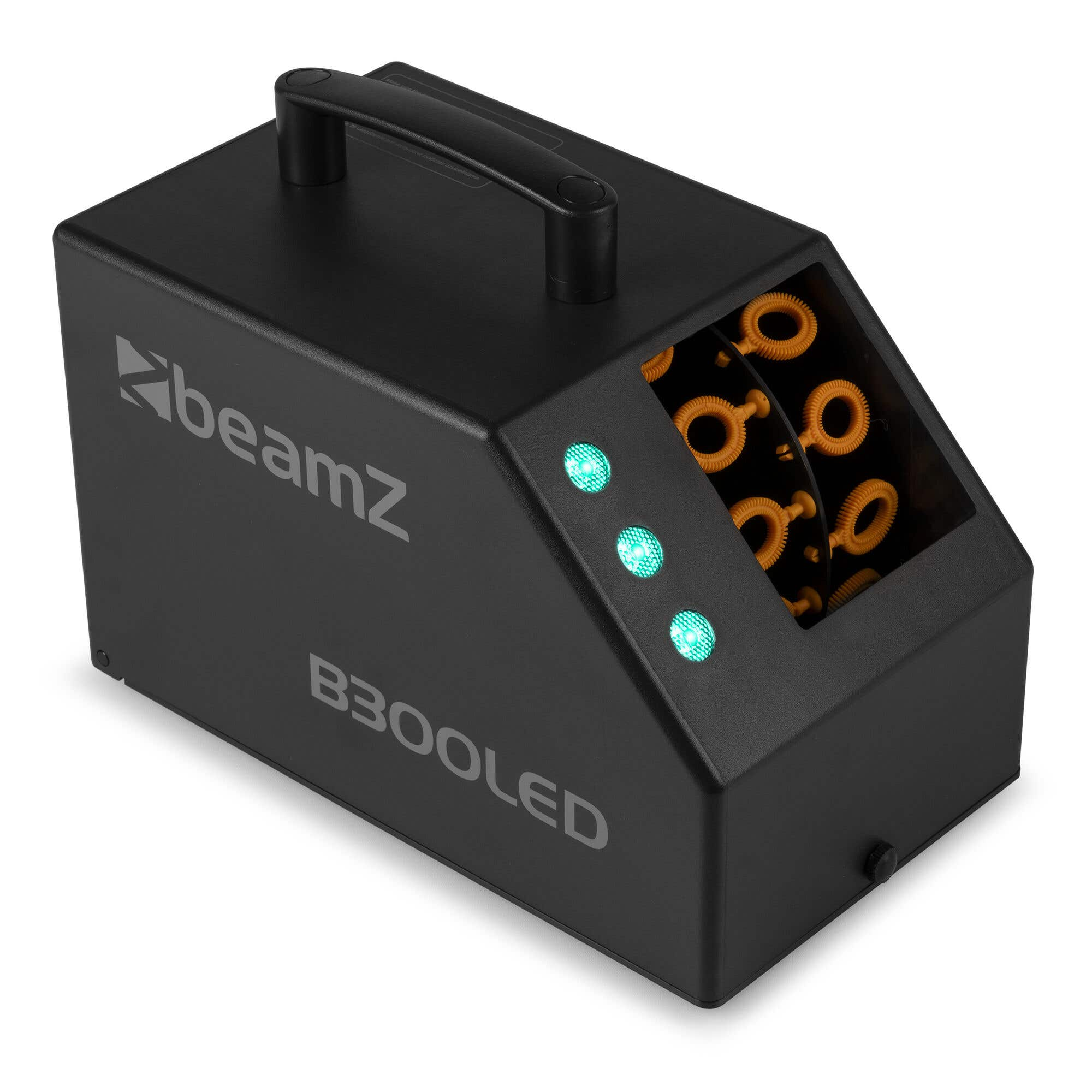 Máquina de burbujas Beamz B300LED negra. Tiene un asa, luces verdes y varillas de burbujas naranjas visibles.