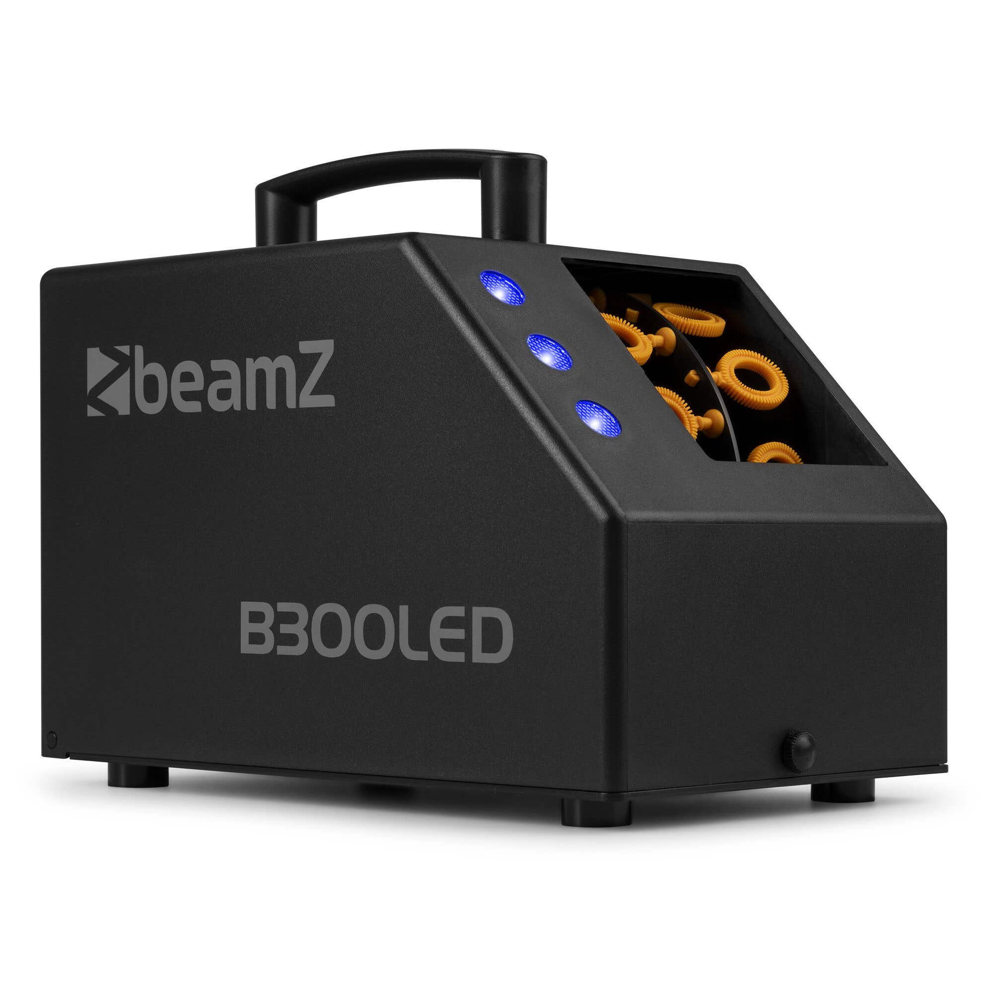 Máquina de burbujas negra con asa, luces azules y componentes amarillos para hacer burbujas. La marca es Beamz, modelo B300LED.