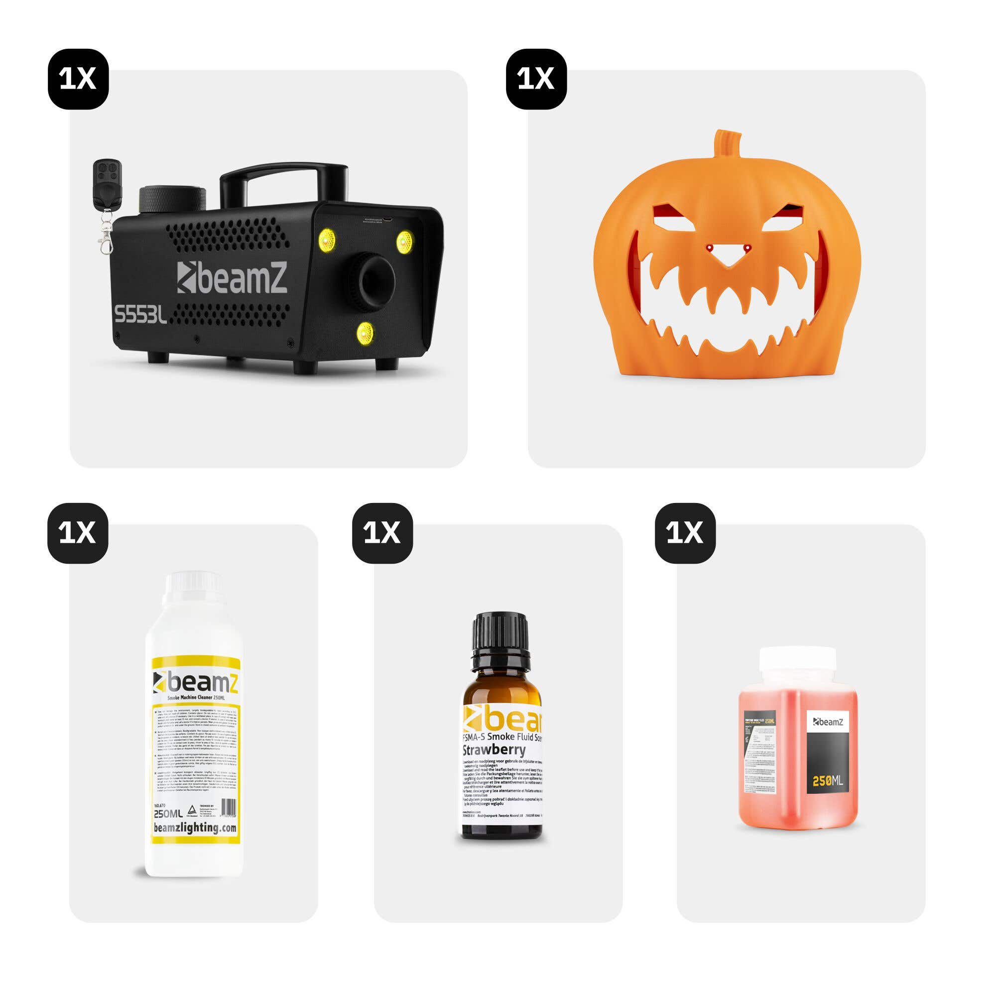 La imagen muestra una máquina de humo negra, una calabaza naranja, una botella de limpiador, aroma a fresa y un líquido rojo.