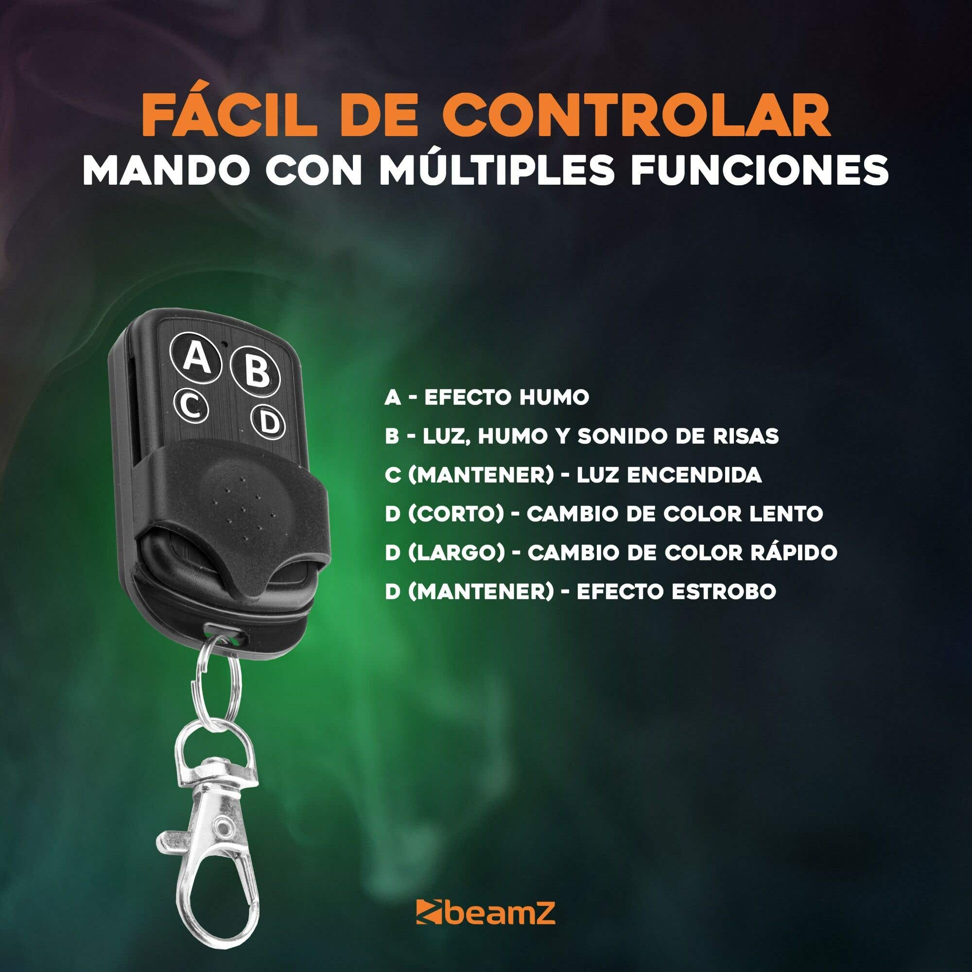 Mando negro con botones A, B, C, D. Texto explica funciones como efecto humo, luces y cambios de color.