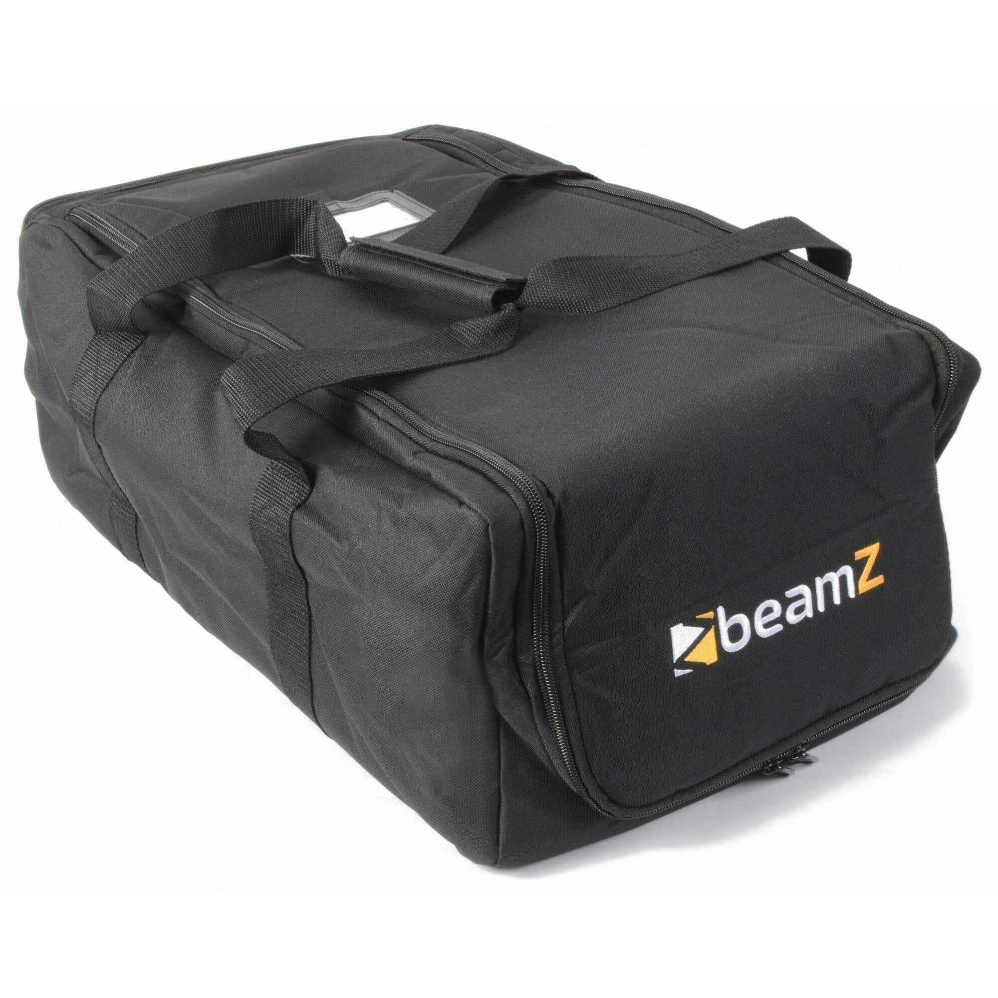 Una bolsa Beamz negra con cremallera, asas y logo sobre una superficie blanca.
