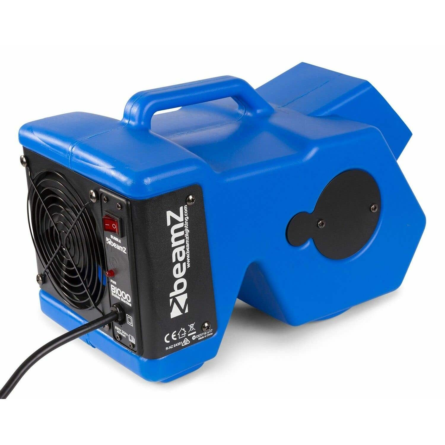 Una máquina de burbujas Beamz azul con asa. Tiene un ventilador negro, panel de control y cable de alimentación. El fondo es blanco.