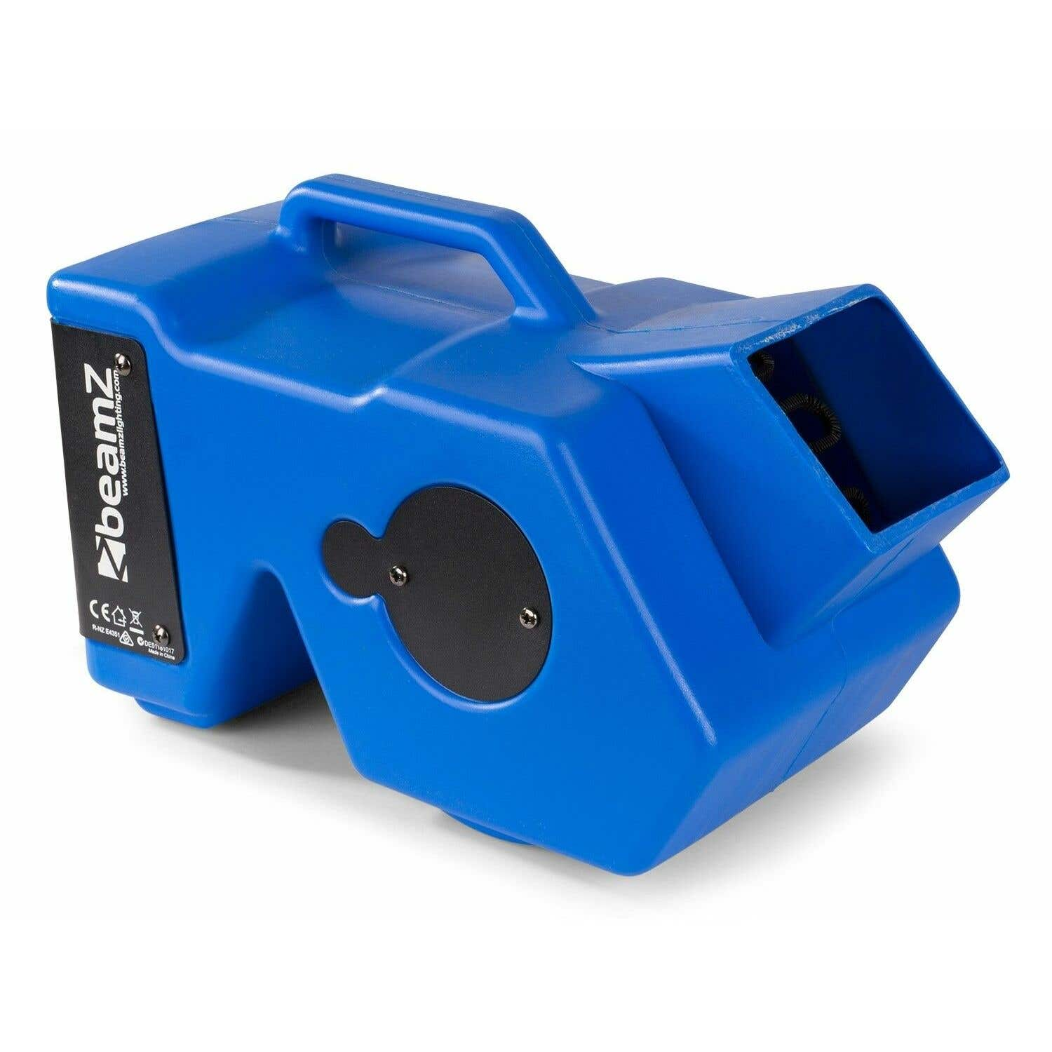 Una máquina azul con asa y un círculo negro, logo beamz. Es una máquina de burbujas, con una sección de salida a la derecha.