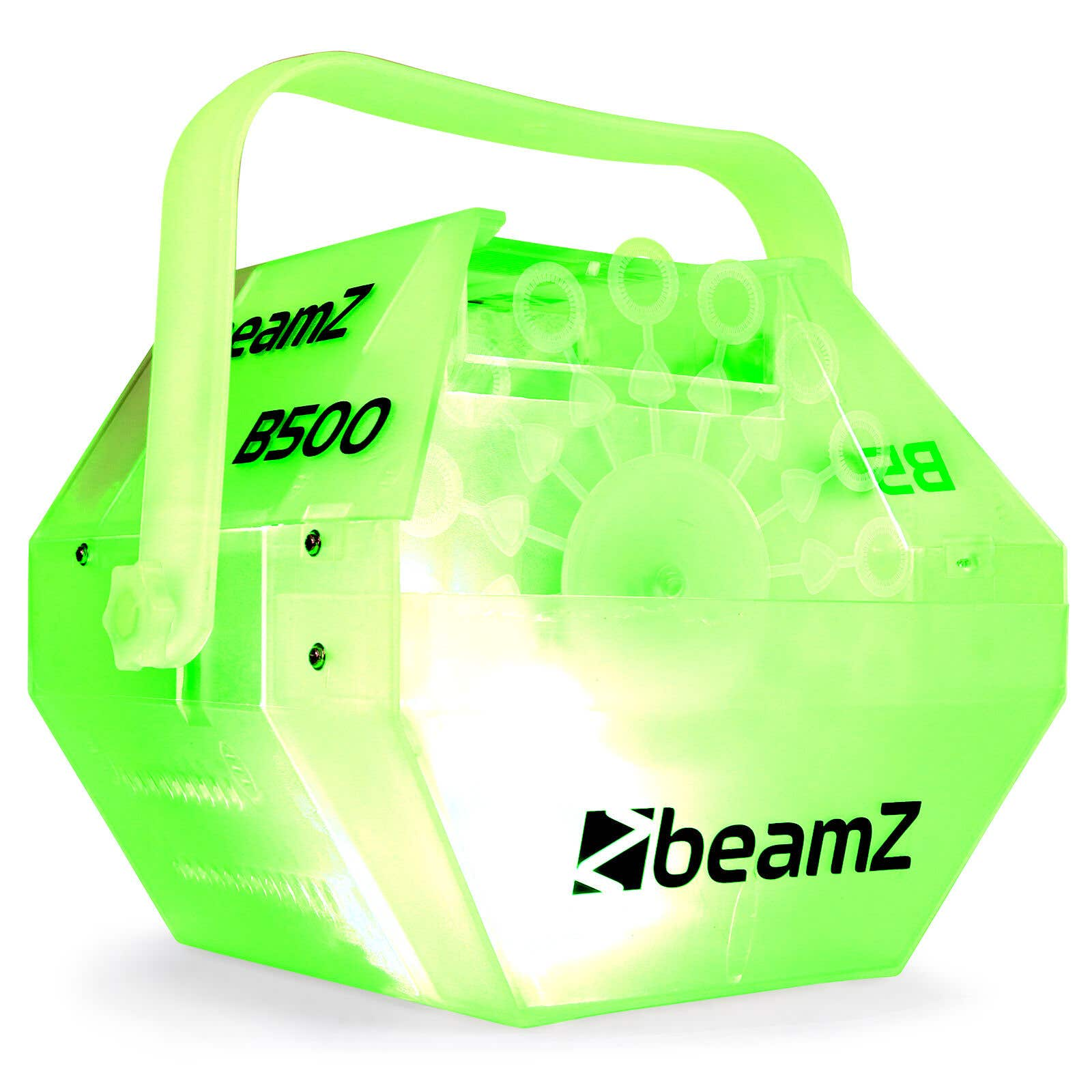 Una máquina de burbujas Beamz B500 verde. Tiene un asa y el logotipo de Beamz. Las burbujas son visibles dentro.