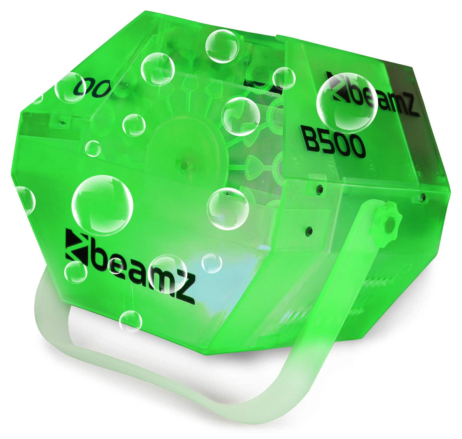 Una máquina de burbujas Beamz B500 verde. Tiene el logotipo de Beamz, el nombre del modelo B500 y está rodeada de burbujas.