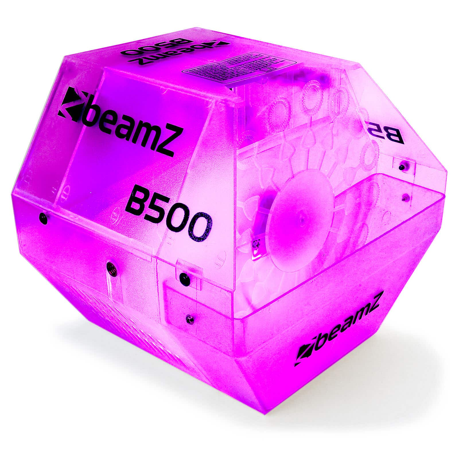 Un accesorio de iluminación Beamz B500 rosa y geométrico. Tiene el logotipo de Beamz y B500 impreso.