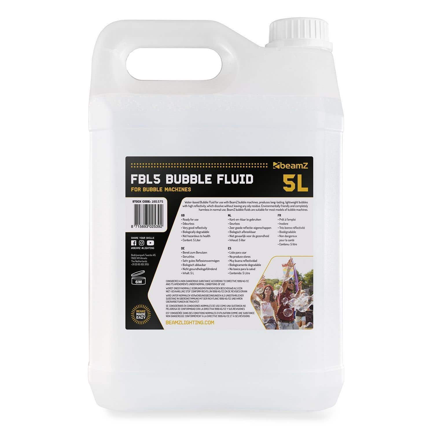 Envase blanco de líquido de burbujas. Texto: FBL5 Bubble Fluid, 5L. Incluye información y una foto de personas.