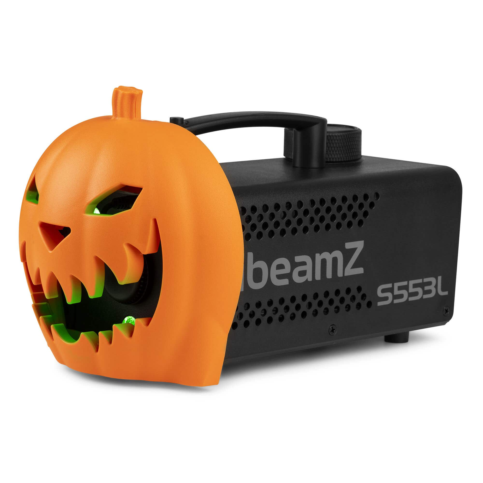 Una máquina de niebla con forma de calabaza naranja. La calabaza tiene una cara tallada, con un cuerpo de máquina negro a la derecha.