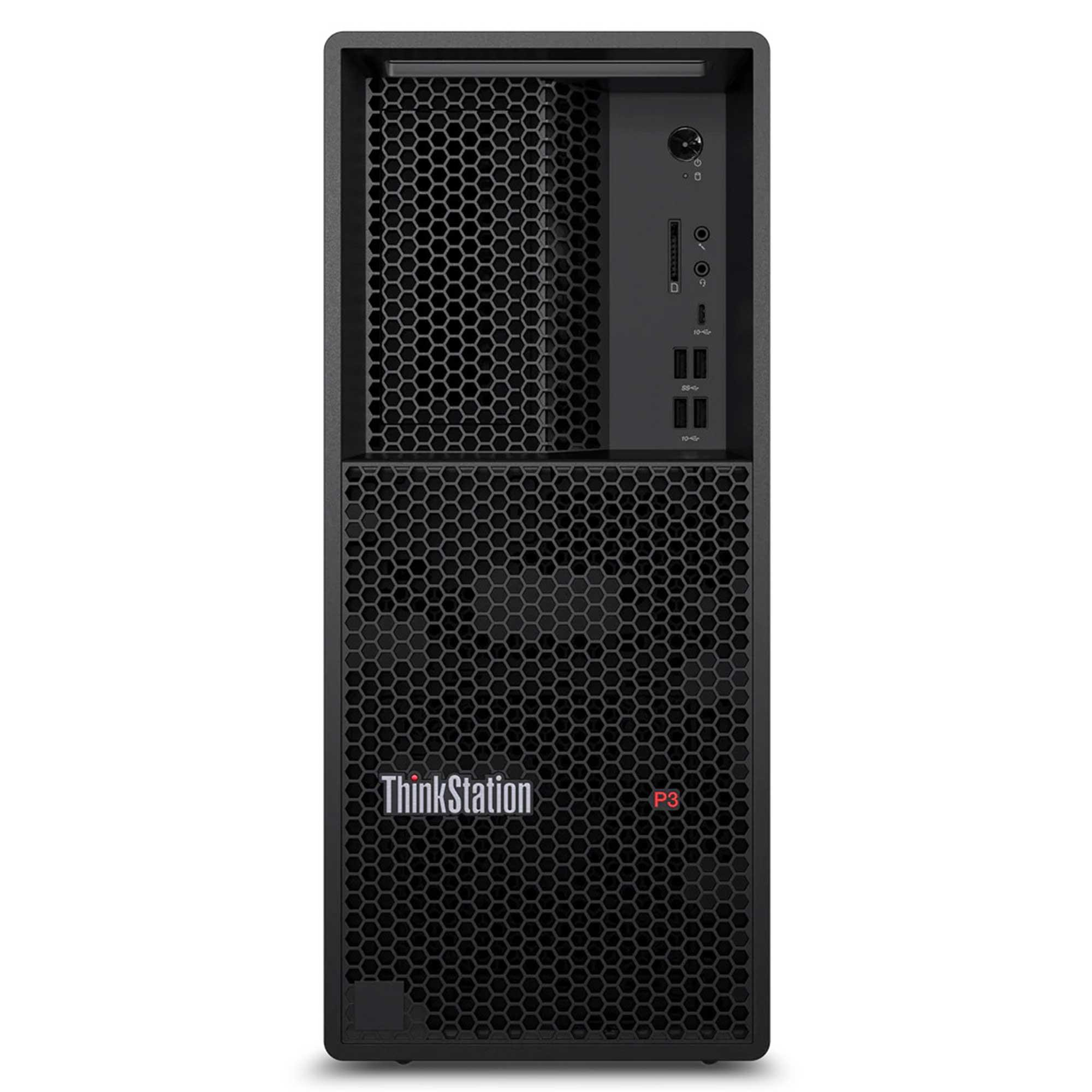 Siyah Lenovo ThinkStation P3 iş istasyonu. Ön görünüm petek ızgarayı, bağlantı noktalarını ve ThinkStation logosunu gösterir.