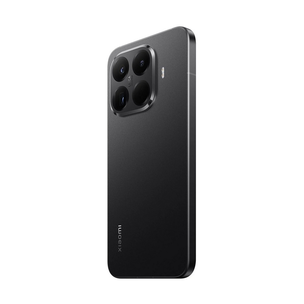 Uno smartphone Xiaomi nero con sistema fotocamera Leica. Il telefono è angolato, mostrando la fotocamera e il retro. Il logo Xiaomi è visibile.