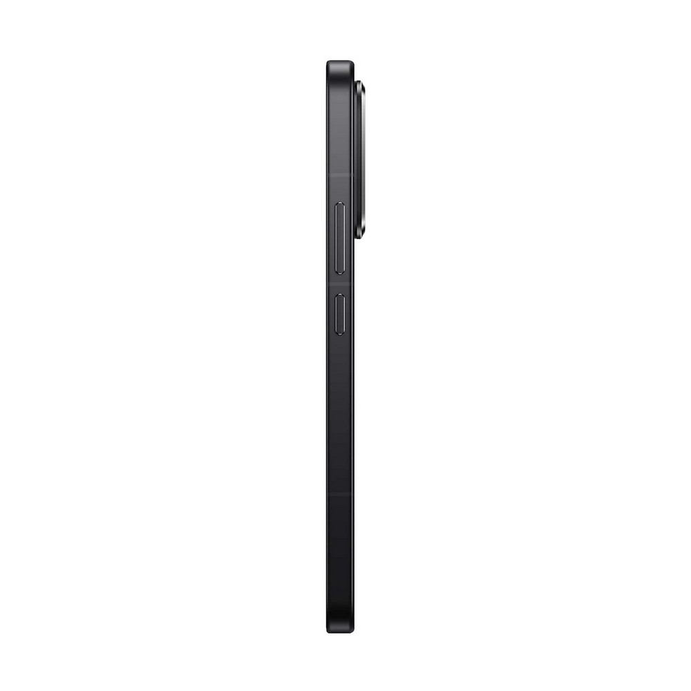 Vista laterale di uno smartphone nero. Il bordo del telefono è visibile, con i pulsanti del volume e di accensione. Lo sfondo è bianco.