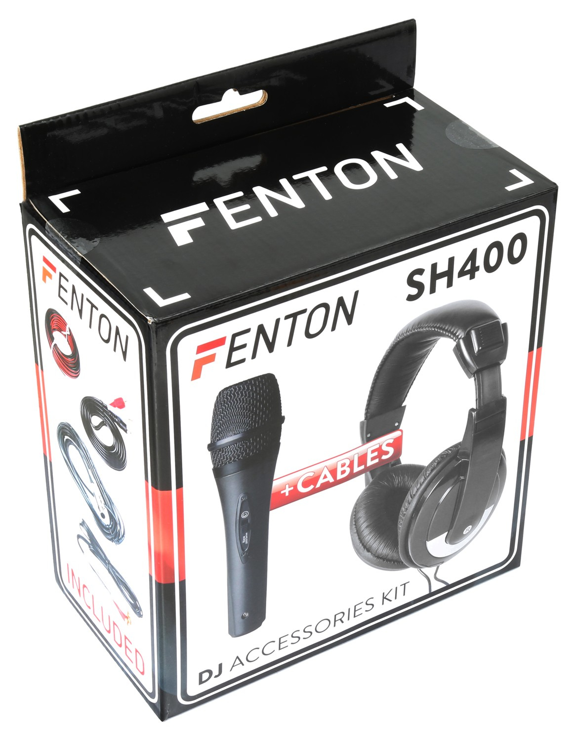 Una caja negra de accesorios DJ Fenton. Muestra un micrófono, auriculares y cables. La caja es negra con texto blanco y rojo.