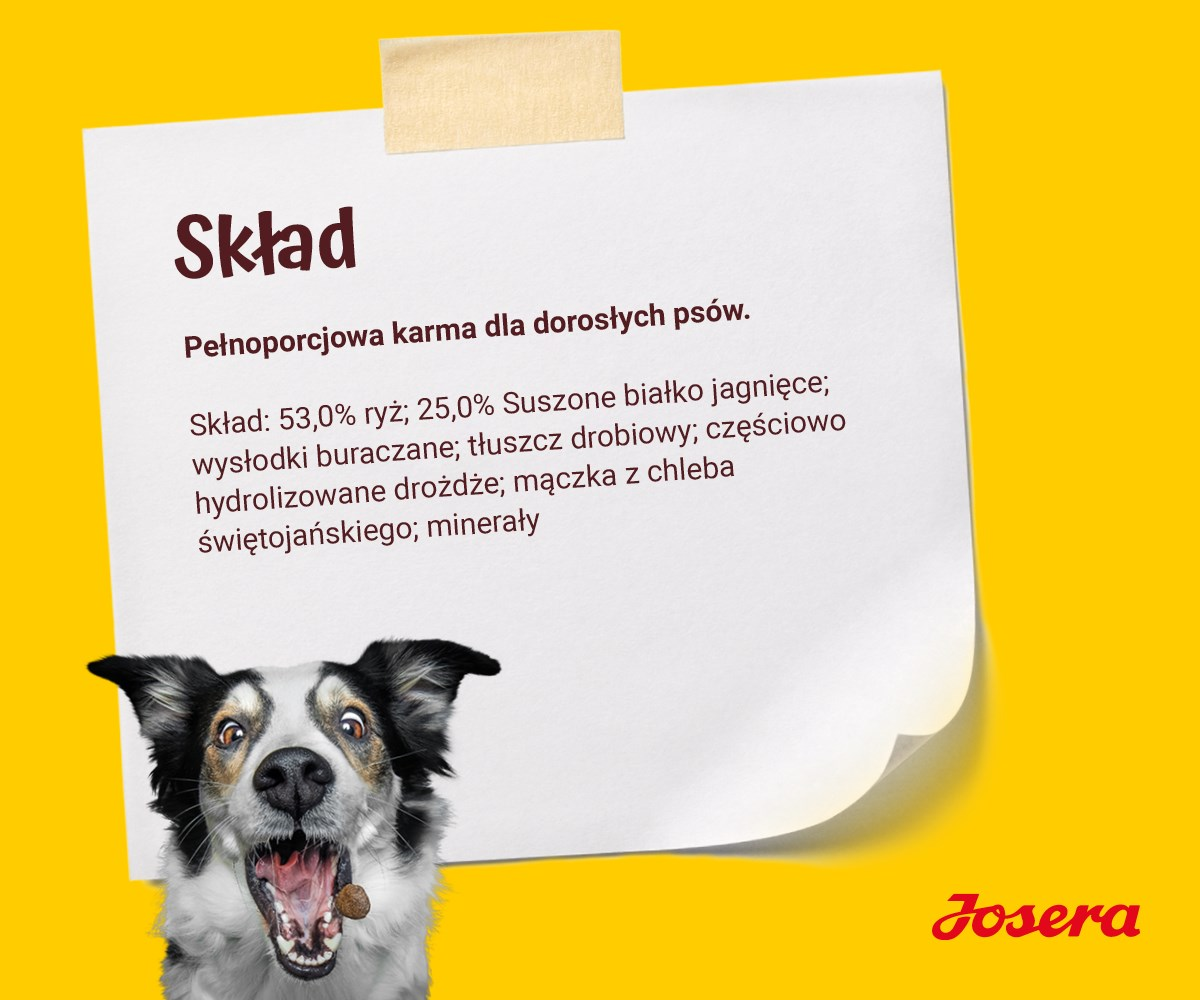 Pies z otwartą paszczą, tekst o składnikach karmy dla psów i logo Josera na żółtym tle.