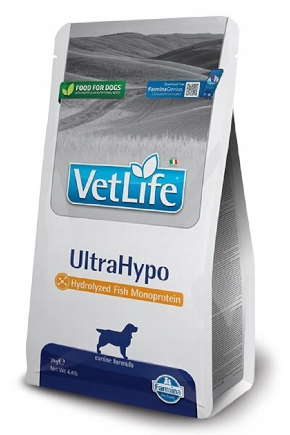Torba z karmą dla psów. Biała torba z etykietą "VetLife UltraHypo", sylwetką psa i logo "Farmina".