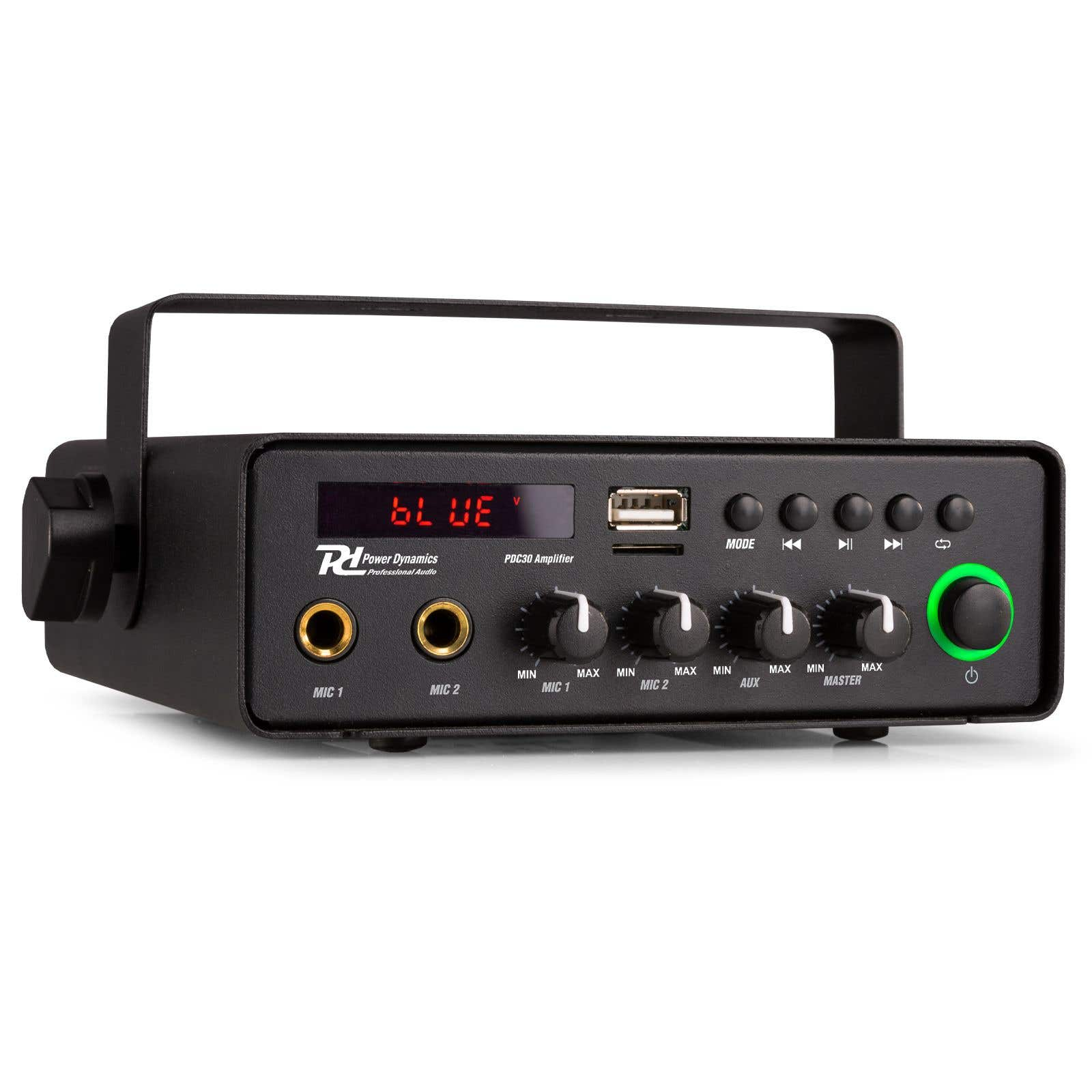 Amplificador negro con asa, pantalla 'BLUE', perillas, botones y puertos. Botón de encendido verde iluminado.