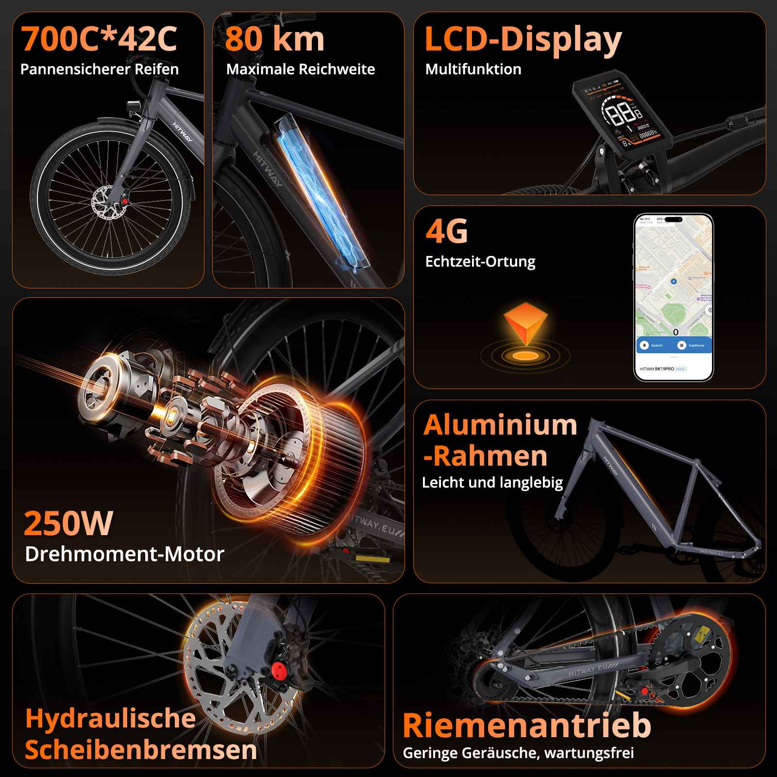 E-Bike mit LCD-Display, 80 km Reichweite, 250W Motor, Scheibenbremsen und Aluminiumrahmen, mit App auf dem Telefon.