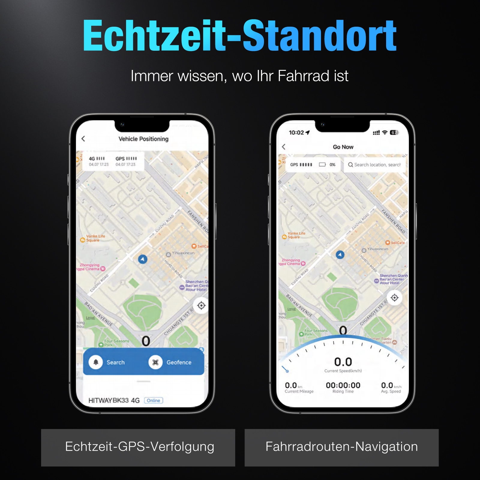 Zwei Telefone zeigen Karten mit Standortverfolgung. Eines zeigt Such- und Geofence-Optionen. Das andere zeigt Geschwindigkeit und Zeit.