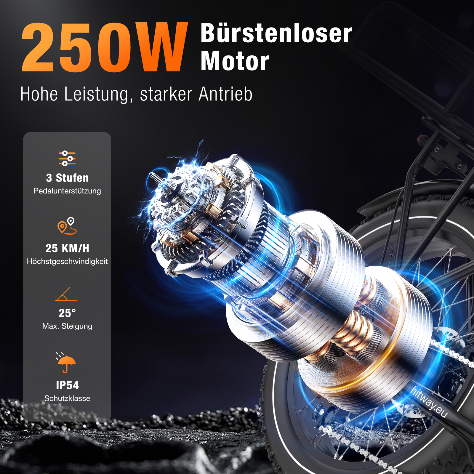 Ein E-Bike-Motor mit 250 W Leistung wird mit Spezifikationen gezeigt. Der Hintergrund ist dunkel, Rad und Rahmen sind sichtbar.
