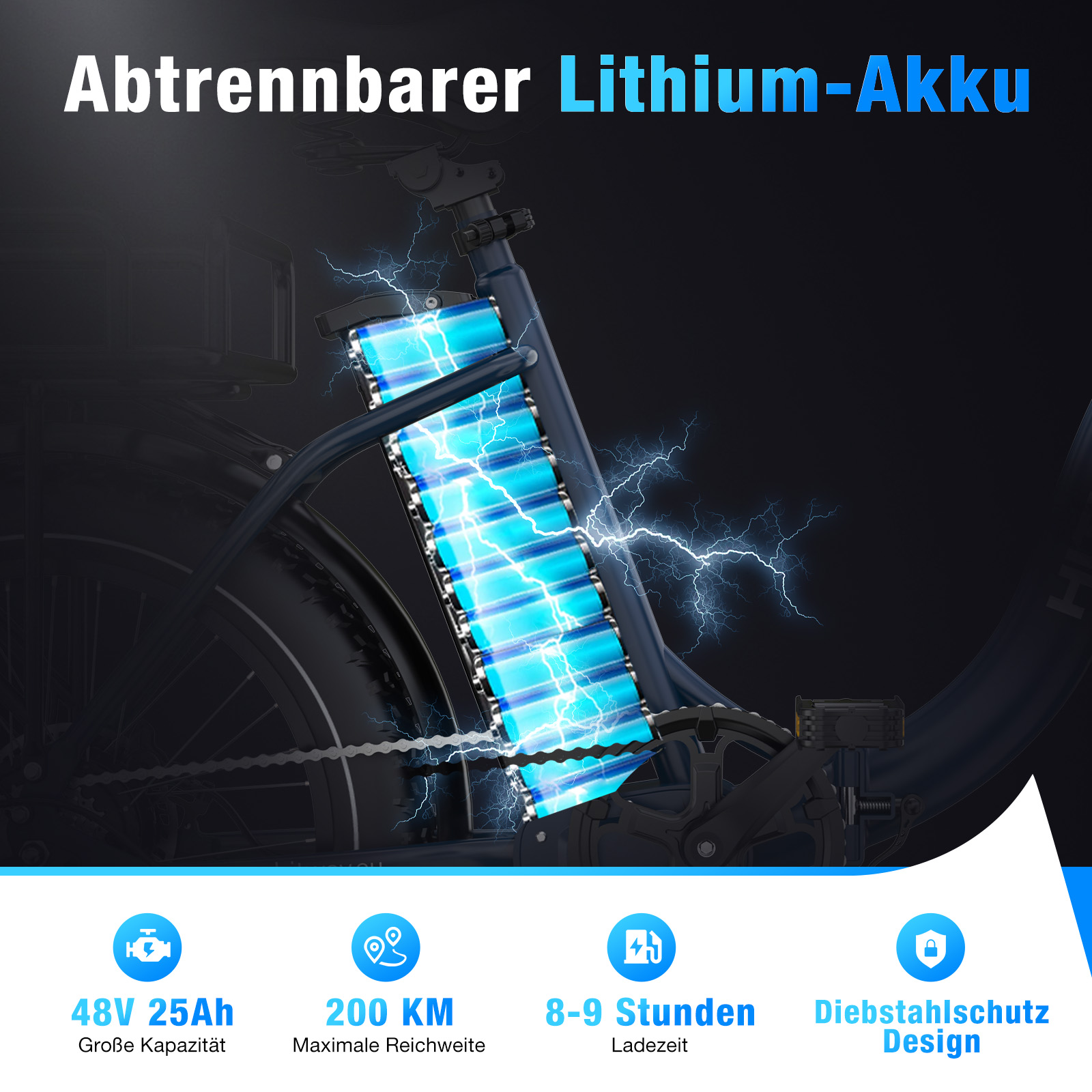 Ein blaues E-Bike mit abnehmbarem Lithium-Akku. Textdetails: 48V 25Ah, 200 km Reichweite, 8-9 Stunden Ladezeit, Diebstahlschutz-Design.