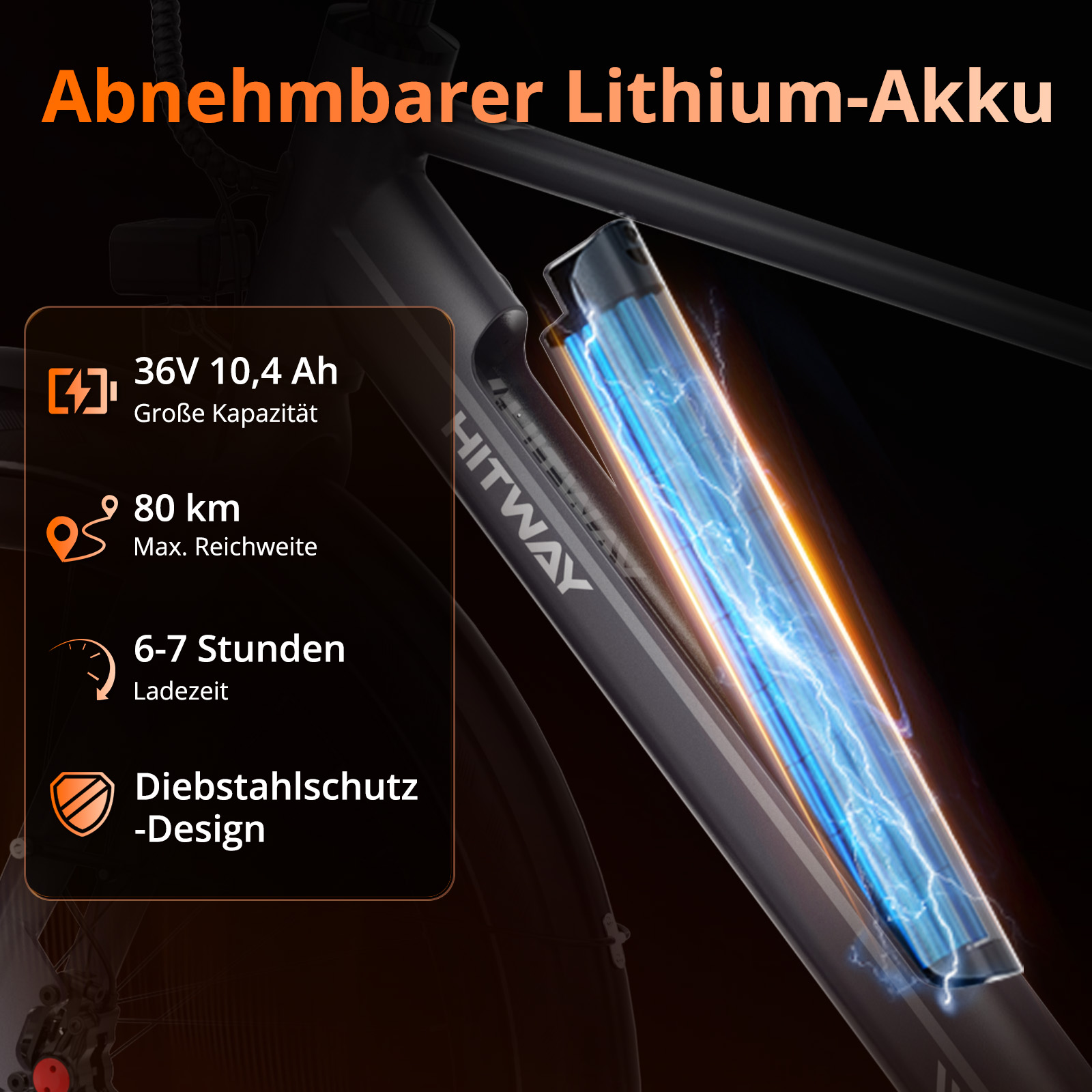 Das Bild zeigt einen E-Bike-Akku mit technischen Daten: 36V, 10,4Ah, 80km Reichweite, 6-7h Ladezeit und Diebstahlschutz. Der Akku ist blau.