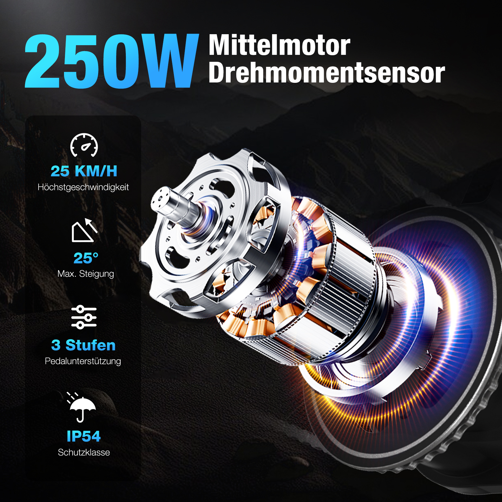 Das Bild zeigt einen Elektromotor mit Spezifikationen: 250W, 25km/h Geschwindigkeit, 25° Neigung, 3 Pedalunterstützungsstufen und IP54-Schutzart.